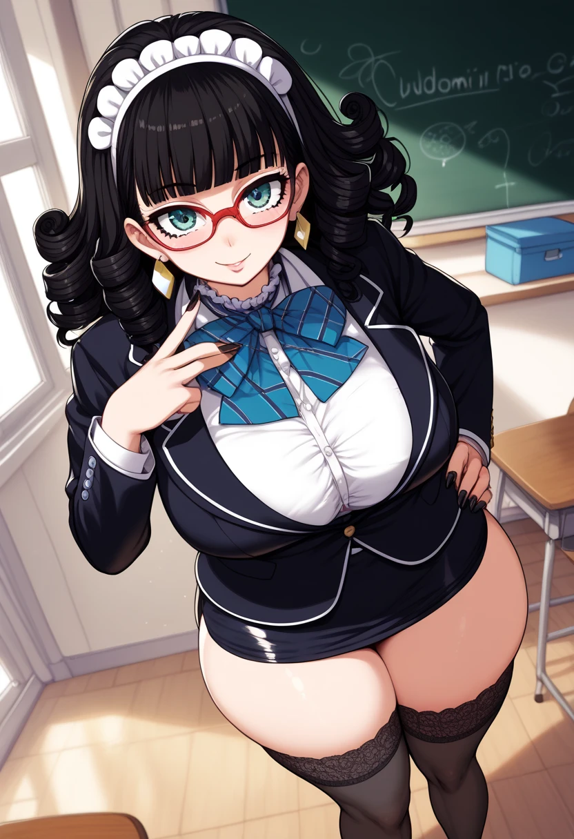 absurdres, highres, ultra detailed, high quality, (1girl:1.3), azumanga daioh's school uniform, huge breasts, brown eyes, brown hair, glasses, mizuhara koyomi, azumanga daioh, long hair, long sleeves, frown, sulking, tsundere, wide hips, thighhighs, breast curtains, curvy, no bra, gigantic breasts, thick thighs, thighs, classroom, masterpiece, collarbone, large breasts, blush, indoors, blurry background, large hips, huge butt, plump, sexy, Milk meat spilled from the armor, bubble butt,Smell,Breasts are larger than the torso,Crazy swollen breasts,(Exaggerated body proportions),(Nine-headed body),a plump buttocks,slender leg,Thick thighs, camel-toe,Lift, extremely tight clothes, extremely delicate and beautiful, perfect lighting, perky breasts, (((wide hips))), ((thick thighs)), (chubby), chubby belly, fat rolls, belly hang, intricate background, detailed background, busty, gravure pose, {{masterpiece}}},{{{best quality}}}, (gigantic breasts), (curvy:1.5) , (depth of field), (blurry foreground), (blurry background), (1girl), (motion blur), (photo \(medium\)), (big ass), (looking back), (from behind) looking at viewer, large breasts, standing, bare shoulders, parted lips, shiny, high heels, sheath, fishnets, skin tight, shiny clothes, impossible clothes, Shrug \(clothing\), Long sleeve, Miniskirt, panty slip