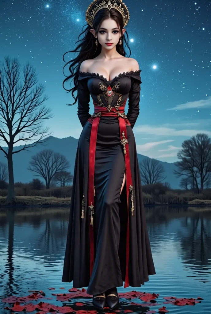 eroticism ((Full body portrait)), (masterpiece, Highest quality, Realist: 1.37), (Complex and delicate, Highly detailed skin and face), (Black background), (Katrina Makeup), ((Coloring)), 1 girl, 大きく開いた黒いスイートdressを着た美しいエロティックな女王,She is wearing sheer, erotic lace underwear underneath.,dress, Wrapped in a luxurious black hooded cloak, Dunkle Rosen und Totenkopf zieren ihr Gewand, (He has a big golden halo above his head), (tiara, Rosen, Ornamental skull, Because of this, dark), blue eyes, large roses symmetrically arranged on both sides,, (religious symbolism), (Inspired by Santa Maria, Queen of Skulls, Dee Catrina, And the Queen of the Dead, Ravi Soup), ((Virgin Mary, Skeleton Saint Queen, Dee Catrina)), ( Photorealism), dark背景, Soft light in a cinema, High Contrast, darkテーマ, Tape GC 8k, Trending on Artstation, Octane Rendering, Unreal Engine, Volumetrics dtx, Award-winning digital art, Shadow, Official Art.Various erotic perspectives, There she shows her charm