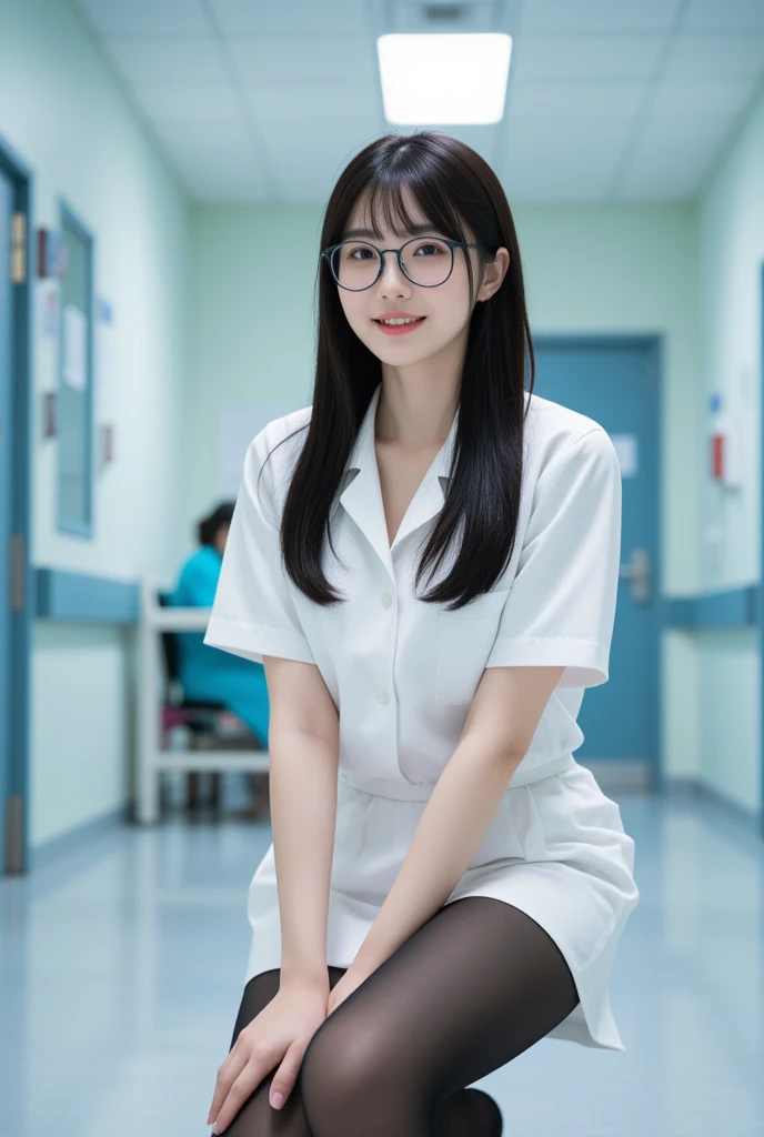 tmasterpiece, Best quality at best, high high quality, A high resolution, 1 plump girl, Alone, Akwa (konosuba), Blue hair, Long gray hair, eBlue eyes, white shirt ,white long coat, black office skirt, Raised your legs, Full body lesbian, everlasting, hands in a pocket, boring, depth of fields, laboratory room,
