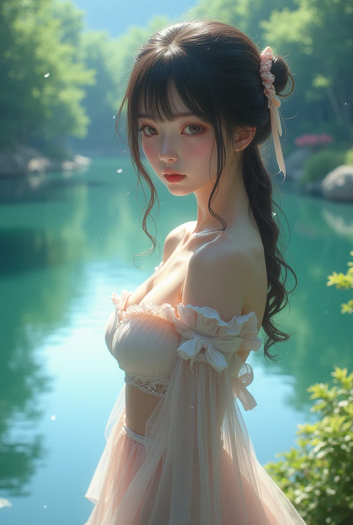 ((Beautiful woman standing in Monet's pond))、((Translucent white lace long dress))、1girl, streaked hair, blonde hair, one side up, shiny hair, wet hair, long hair, Monet, depth of field, sparkle, letterboxed, first-person view, lens flare, f/1.8, 135mm, Canon, Wide-Angle, UHD, retina, masterpiece, anatomically correct, textured skin, super detail, high details, high quality, best quality, highres, 1080P, HD, 4K, 8k anatomically correct, Textured skin, Super Detail, high details, High quality, Best Quality, hight resolution, 1080p, hard disk, 4K, 8K Teal, high details, High quality, Best Quality,(shapely breasts,)、(camel's toe), tongue、Vaginal orchids、Runny Vaginal Discharge、Blowing tide、Very beautiful breasts、Grasp your breasts with both hands、 Spread your legs、sexual excitement、Sex Expressions、shinny skin。Photorealsitic:1.37)、Medium Hair、(Pink blush)、(独奏)、((erectile nipple))、(Puffy eyes:1.2)、 (Slim legs)、erotick、nffsw, , ((she is soaking wet)) .((No bra))、((No panties))、