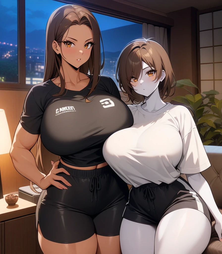 2heads, a chubby black woman with 2 heads. Dark brown skin. Working behind the counter at the register at a coffee shop. Wearing apron with store logo, wearing worker uniform. Cleavage. Mature, milf. Messy short frizzy brown hair. Thin face, cute face. Smiling. Blushing. Thick eyeliner. Eyeshadow. Extremely tall. Big saggy breasts covered in freckles. Huge saggy breasts, hanging breasts. Close up, intimate. Slutty.
