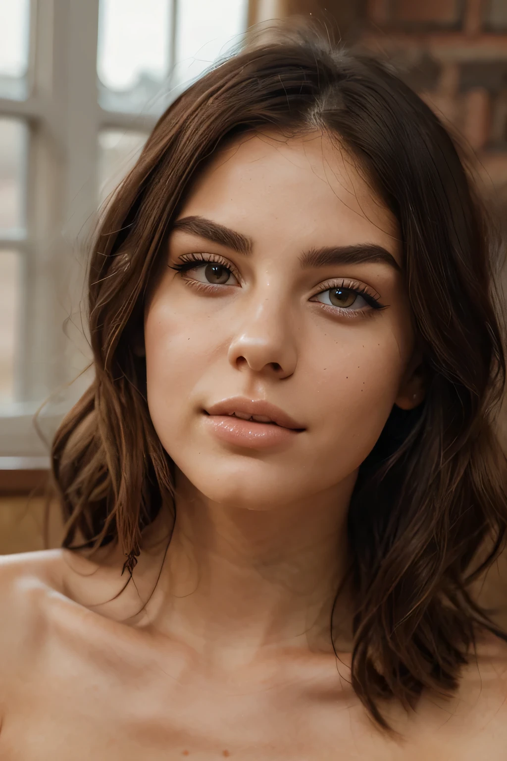 realistic front portrait of the hottest, sexiest young woman with an alluring and seductive expression, OnlyFans model type. She has a perfectly symmetrical, heart-shaped face with a softly defined jawline and a slightly pointed chin. Big, deep almond-shaped eyes with long voluminous lashes, smoldering eye makeup, and glossy eyelids. High, sharp cheekbones that catch the light, and a petite, cute upturned nose. Full, plump, kissable lips with a natural pink gloss and a subtle pout. Smooth, flawless skin with a radiant sun-kissed glow. Naturally arched brows, thick and well-groomed. hair style---- Red Velvet Bob. Subtle touch of highlighter on the cheekbones and collarbones. Shot in high-resolution DSLR quality.