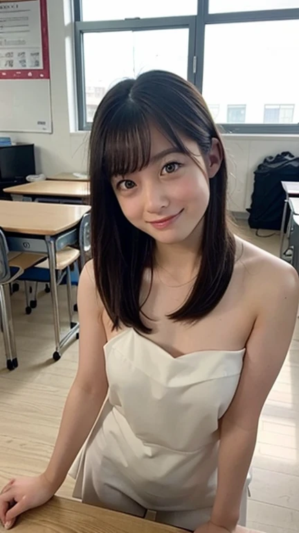 2girl, short ponytails,beautiful girl,15 years old,(small brest:1.2),(skinny:1.2),,highschool student,akb48,nogizaka46,pink nipple,small breasts,skinny,2girl,((multiple girls)), from below, black hair, light smile, bangs, , pov, , standing, black eyes, mole, masterpiece, best quality, ultra quality, high quality, realistic, photo realistic, RAW photo, hyper detailed, intricate detailed, ,desk,chair,pc,book,upperbody,(bottomless:1.7),(blue pink panties:1.0),study room,classroom,highshool,blackbord,(fullnude:1.0),(many students:1.5),