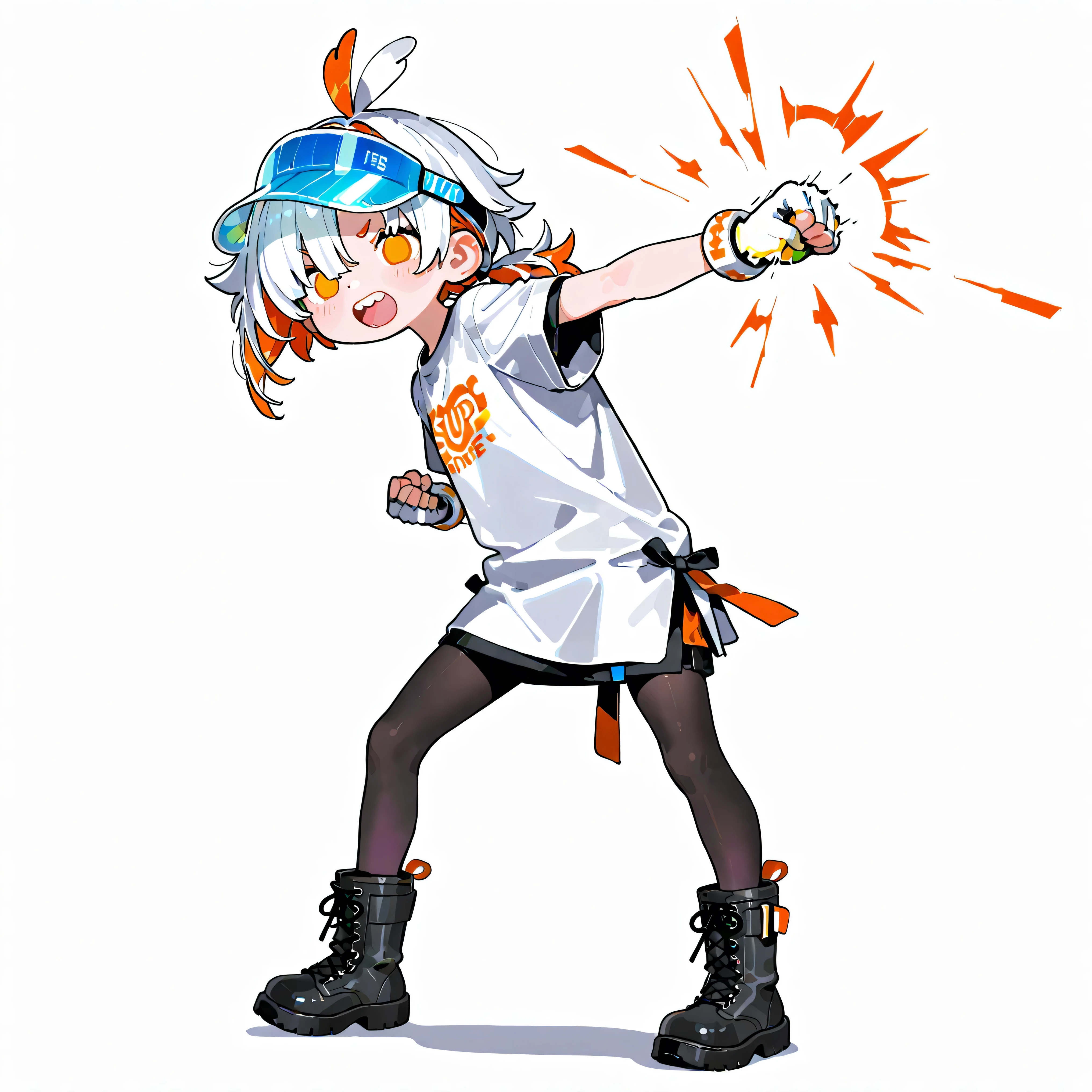high resolution、High Quality、 white hair、orange hair、female, Shortcuts, low ponytail 、 stupid hair、black pantyhose 、double teeth、solo、thick soled boots、 asymmetric hair 、boyish short sleeve、 simple eyes 、white background、standing、full body、visor、right hook punch