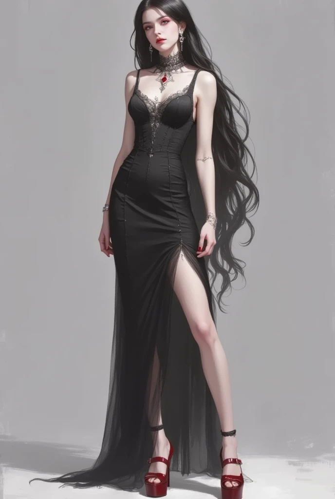 Create an all-black outfit,that goes all the way to the butt. He has a kitten neckline,The suit also goes down to the fingers. On the body there is also a boot with a heel that goes up to the knee.. The woman's body has large breasts, muslos grandes,a flat belly. She wears a kitty mask, she is white and has long black hair,dark blue eyes. She is thin,but with big breasts, bunda grande e coxas grossas.