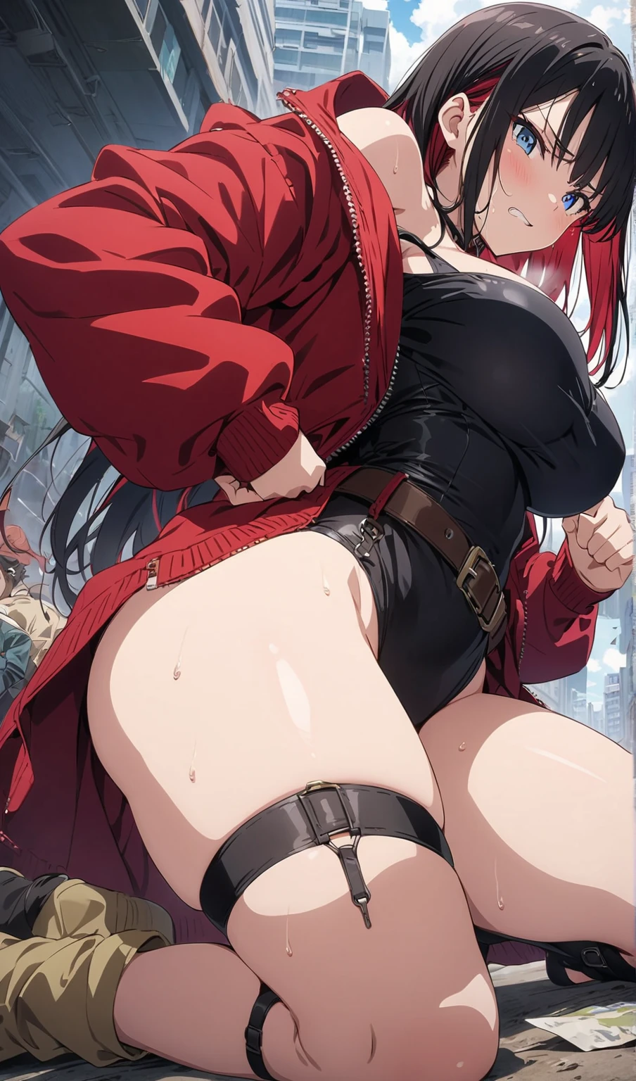 pubes，Perverted，痴女，Be red in the face，Malu，Kneel on the ground with open legs，There are people around to shoot，Pubic hair shows through，Place your hands behind your head，There is text on the body，squatting on the ground，M-legs，black suspenders stockings，heeled sandals，Red lace bra，Red lace panties，Wearing a collar，Hands and feet are tied，kneels on the ground，There are a lot of people on the street，M-legs，spread their legs