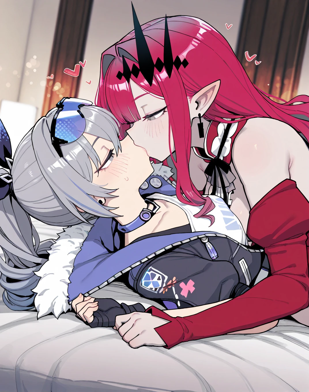 gray hair twin tails Tsundere red eyes Clothing of the near future (Women fondle each other's breasts)