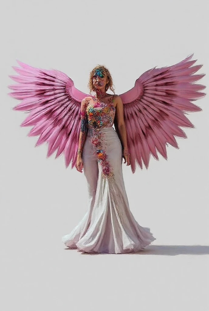 Muslim woman wearing a costume made of used plastic, soft transparent red and white colour with red and white motifs, with wings like Indonesian garuda, holding a spear, elegant minimalist clasik design, wearing a very long white skirt with motifs, above the sky, flying, hovering, with a shooting angle from the front, very realistic, (complex detail: 0.9), (hdr, hyperdetail: 1.2), RAW, Sony Alpha a9 II, 24-105mm f/4, HDR,
