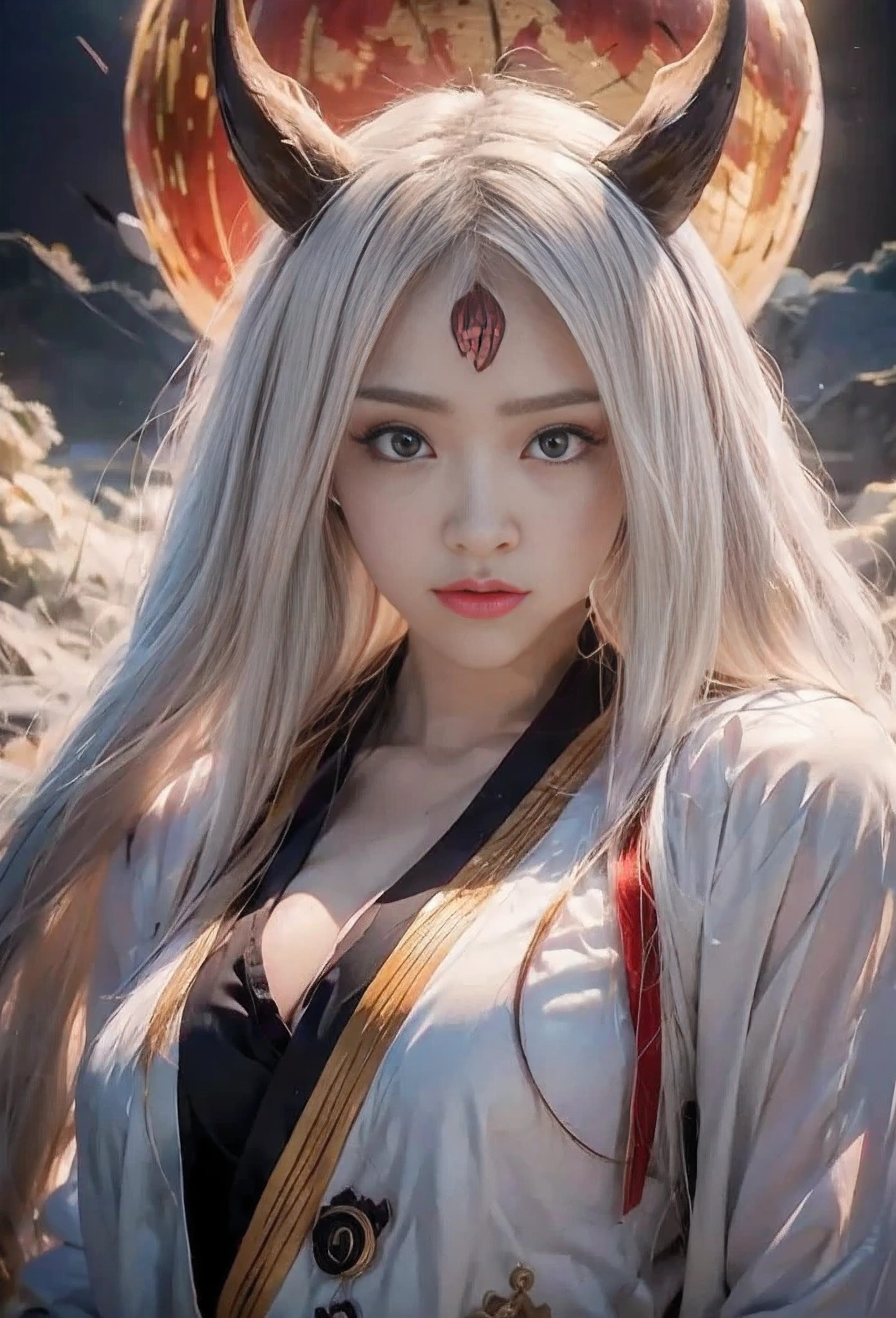 source_anime, (masterpiece), (best quality), score_9, score_8_up, score_7_up, (masterpiece:1.2), (best quality:1.3), 1girl kaguya_otsk, long hair, looking at viewer, third eye, horns, japanese clothes, pale skin, red moon, cleavage, angry expression, facial mark, masterful composition, dynamic movement, low-key lighting, lo-fi, glow, dynamic cinematic lighting, ray_tracing, global illumination, one eye on forehead 
