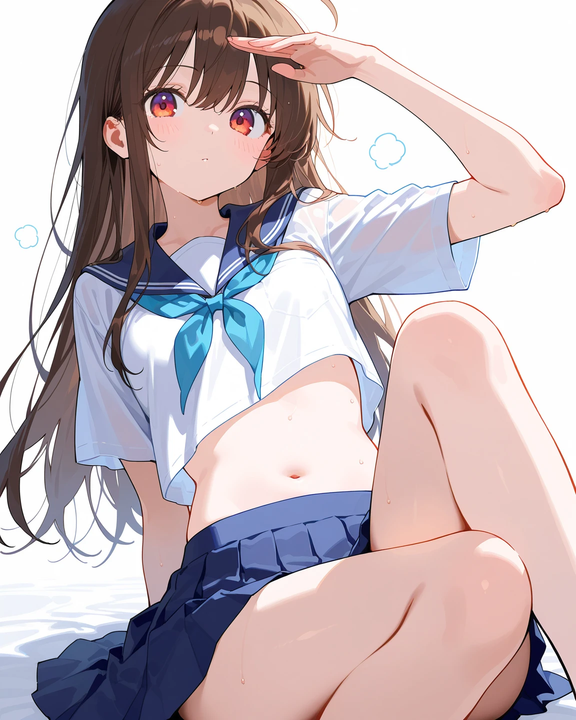 ((cum, cum on face, cum on swimsuit, cum on body, cum on clothes, bukkake, excessive cum)), 1girl, solo, idolmaster, tanaka kotoha, maroon hair, (cum on hair), sidelocks, long hair, blunt bangs, purple eyes, (glowing eyes), nose blush, smile, serafuku, dark blue sailor collar, blue tie, short sleeves, dark blue skirt, skirt lift, swimsuit under clothes, (competition swimsuit, blue one-piece swimsuit), shiny swimsuit, breasts, highleg, cameltoe, standing, lift by self, white shirt, steam, steaming body, white background, looking at viewer, sweat, pussy juice, nsfw
