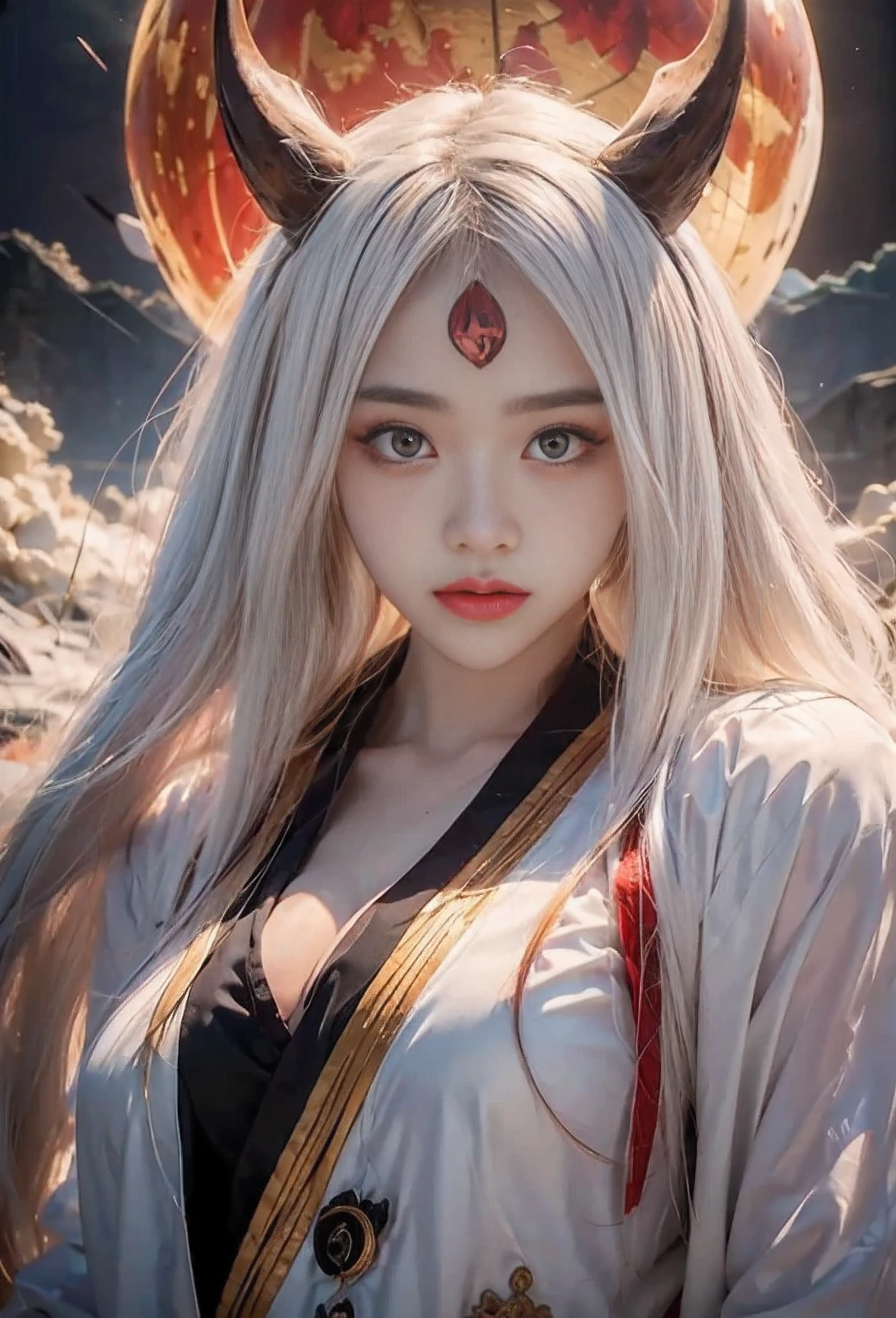 source_anime, (masterpiece), (best quality), score_9, score_8_up, score_7_up, (masterpiece:1.2), (best quality:1.3), 1girl kaguya_otsk, long hair, looking at viewer, third eye, horns, japanese clothes, pale skin, red moon, cleavage, angry expression, facial mark, masterful composition, dynamic movement, low-key lighting, lo-fi, glow, dynamic cinematic lighting, ray_tracing, global illumination, one eye on forehead