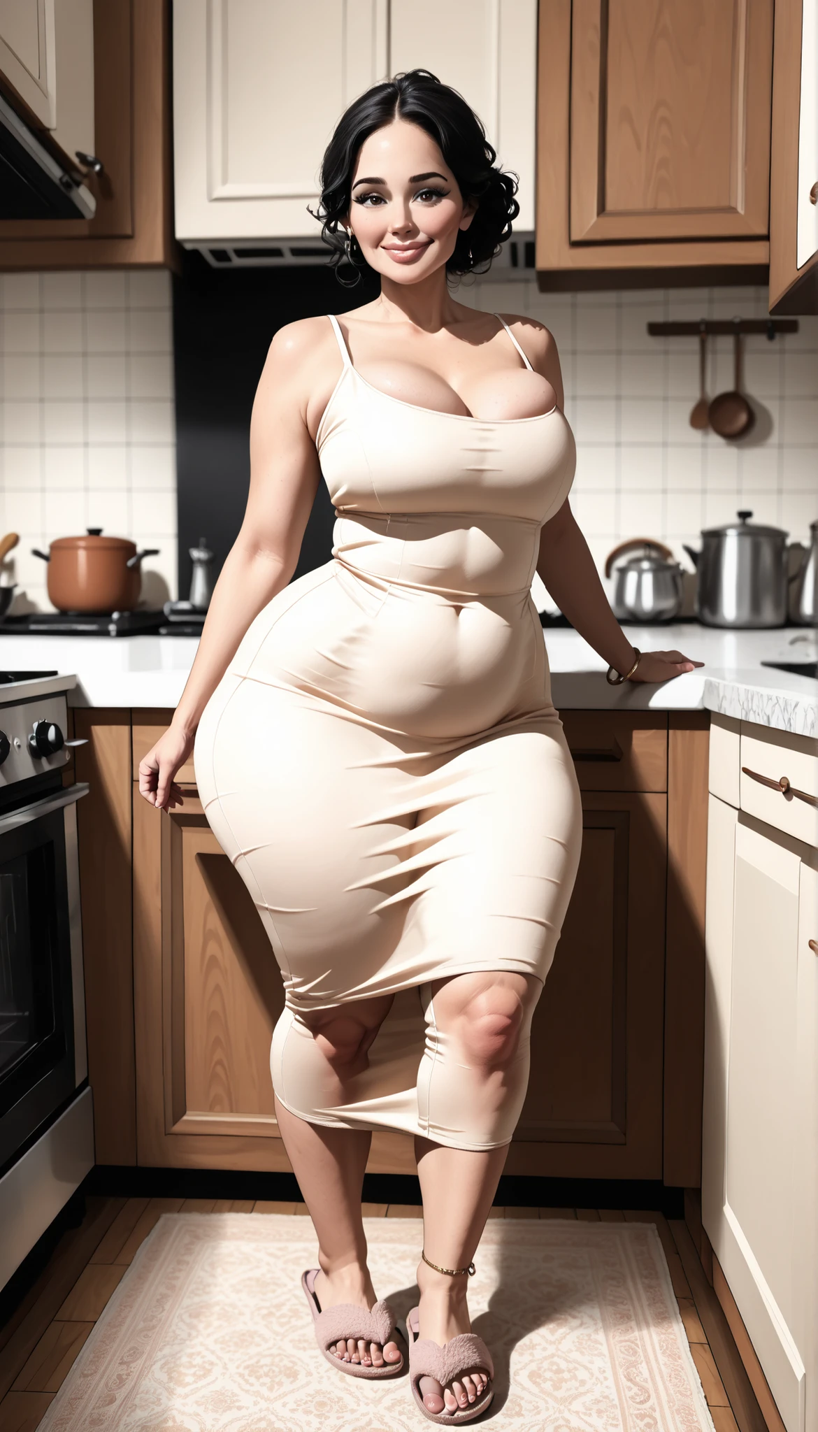 (work of art, best quality), detailed shading, ambient lighting, good contrast, soft lighting, textures, ExpressiveH. 1 woman, very pretty, housewife. (Latina, curly black hair, thin face, delicate face, very pretty, sensual expression, plump lips, long lashes with volume, happy), loose hair. ((long, tight dress, dongtandress, sleeveless, with thin straps, soft texture, mesh)), black slide slippers; delicate ankle bracelets. (thick, extremely curvy body, voluminous breasts, sexy and voluptuous body, slim waist, wide hips, thick and shapely thighs, natural curves, big ass, wide ass, voluminous buttocks). (standing, side:1.8, looking at the viewer, sensual pose), dynamic view, dynamic angle. Interior setting, kitchen in the background, cozy, residential atmosphere. Slightly blurred background.