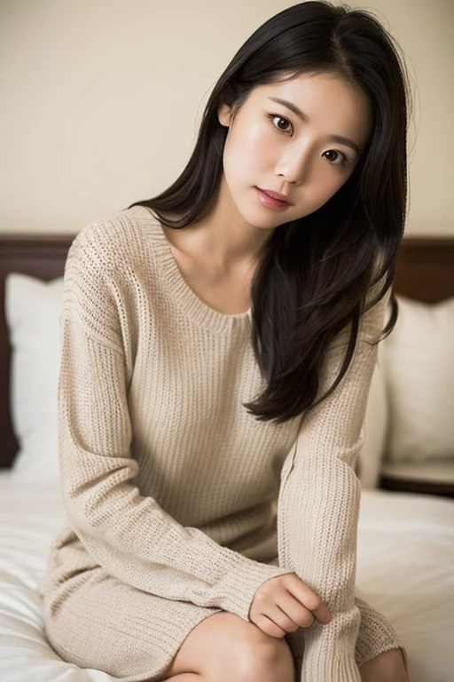 (Masterpiece, Best quality:1.2), Raw-Photo, (Realistic, photoRealistic:1.2), (8K, A high resolution, ultra detailed:1.3), 1 girl, Ideal Anatomy, (focus on the face, I look at the viewer),, (Realistic detailed eyebrows, Realistic beautiful brown eyes, Realistic glossy skin, Realistic detailed beautiful handsome face:1.2), (Slim, medium breasts), (Realistic cinematic lighting, detailed shading:1.2), sitting on the bed, in a sweater