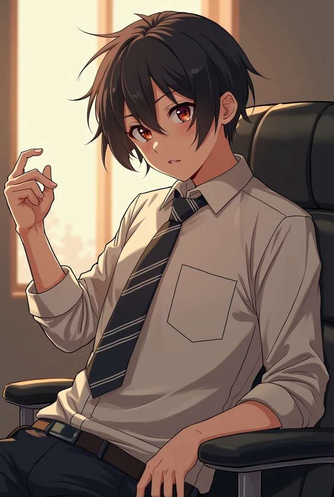 (1 Adult male),A high resolution, Sharp focus, Pixiv masterpiece, ((Complicated details)), highly detailed, natsuki_subaru, 1 man, with her mouth open,full bodyesbian,sit astride, Golden eyes(glowing light eyes), with short golden hair,white shirt,Wear a tie,Wear a belt,perspire,look from down
