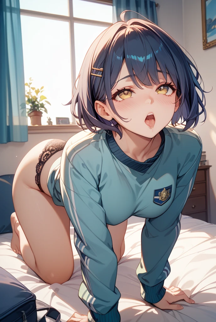 masterpiece、Best image quality、最high quality、Crying girl , (cryin, Perfect Face) , independent , Looking into the camera, masterpiece, Anime art style, Cute Characters, Most detailed, high quality、(((cry)))、Lying in bed、(missionary, 1boy, penis, lying, vaginale, ass pov, spread legs, sex, nsfw)、nose blush、steam、Shiny Hair、Short Hair、Very fine and beautiful bright eyes、Very detailed, clear and beautiful face, Awards, Anatomically correct、((missionary position,man on top, spread legs))、((Scared))、Very large breasts