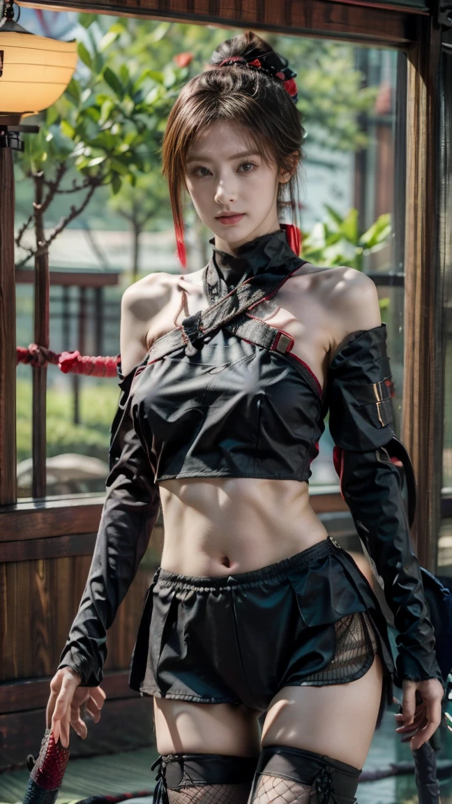 Moisturized skin, (red eyes), realistic body, (adult female body), (glasses), heartless,
BREAK,
bright red lipstick, (beautiful navel),
BREAK,
(folded ponytail: 1.2),
BREAK,
((masterpiece + highest quality + high resolution + highly detailed)), (full body: 1.2), symmetrical, one shot,
BREAK,
(leaves fluttering), (wind blowing), (battle stance: 1.4),
BREAK,
(large Japanese sword), (glasses), ninja clothes, night, full moon, assassination,