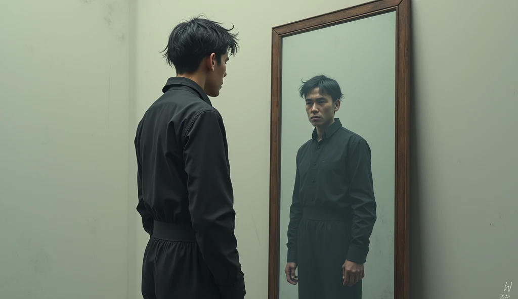 A man wearing a black shirt、Hong Kong young man in black suit struggled drunkenly,half undressed,He was tied to a chair with a rope, his hands were tied behind his back, and his feet were tied.。