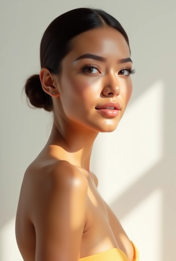 raw photo of beautiful female, looking at camera, centered portrait upper body, Miss Somalia, slim perfect face, natural look, playmate, curly hair, wet hair tied in a bun, supermodel, jet-black skin, moist skin, blushing cheek, very very small bust, closing eyes, feeling ecstasy, nude skin, in photo studio
