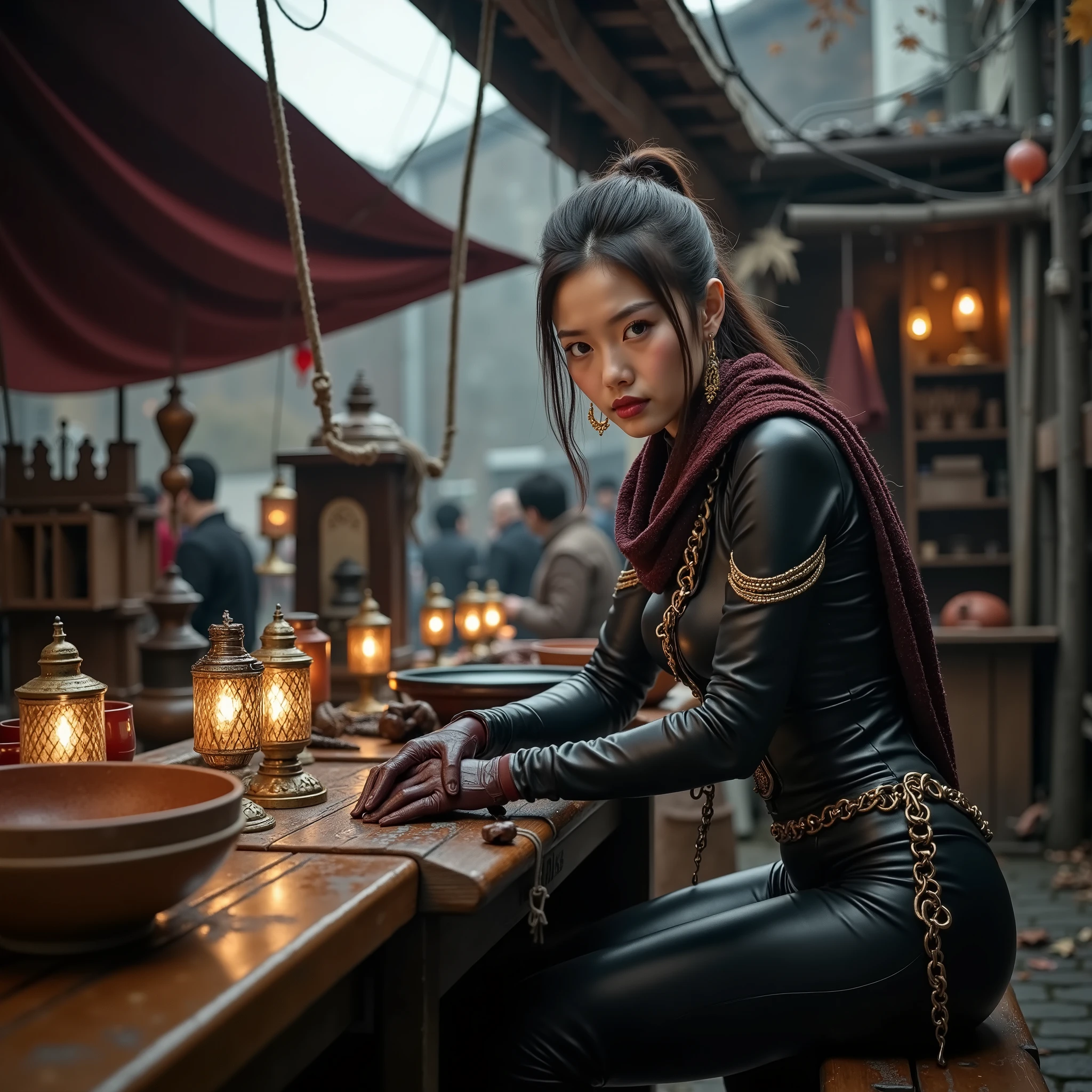 Korean woman Sitting at an outdoor market, the individual wears an intricately detailed dark leather outfit, adorned with a rich, textured scarf. Gloves complement the look, as they lean over a rustic wooden table, surrounded by warm glowing lanterns. The dim lighting casts soft shadows, creating a cozy, mysterious atmosphere. Hanging red cloth and various market items decorate the background under a canopy, with the scene subtly framed by the damp reflections on the cobblestone ground of a narrow, bustling street. Autumn leaves and overcast skies hint at a chilly day, further enhancing the moody setting post apocalyptic setting.