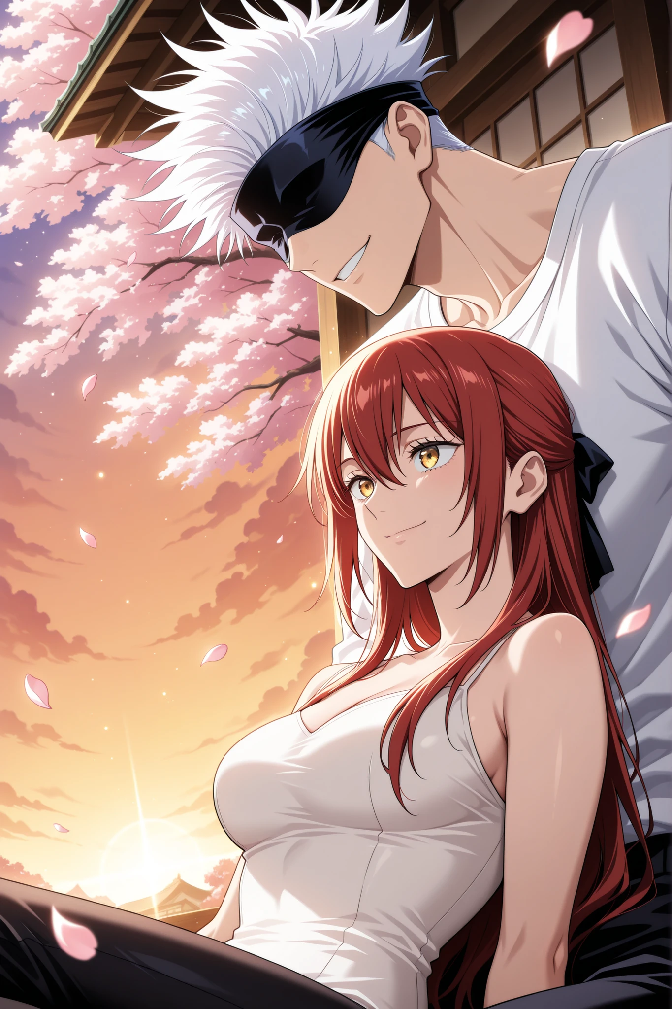 masterpiece, best quality, amazing quality, absurdres, safe, glittering, sparkle, dynamic shot, upper_body, anime screencap, official art, anime style, jujutsu kaisen screencap, BREAK couple, hetero, duo focus, size difference, height difference , BREAK 1 girl , golden eyes , very long hair , long sidelocks, red hair ,half updo, petite , very cute , beautiful ,Straight hair, cool, handsome, hair between eyes, sexy, female, medium large breasts, summer dress, lying against  BREAK 1man,adult, male focus, smile, gojou satoru, jujutsu kaisen, black blindfold, covered eyes, white hair, short hair, toned chest, sexy man, handsome face, white sweater, black pants, BREAK  A romantic couple, sharing a gentle smile and soft gaze, petals floating in the air, warm sunset light, beautiful spring setting, soft colors, emotionally sweet and tender mood, anime style, from front, Sitting on a terrace of a japanese house, peach blossoms