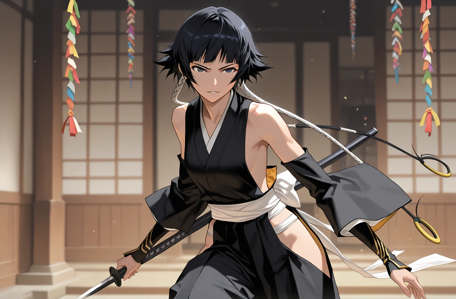 ((masterpiece)), (pale skin:1.3), (bokeh effect), (dynamic angle), (dynamic pose:1.1), (sharp eyes:1.2), (1girl:1.2), (black hakama:1.3), (short hair:1.1), dark hair, (hair with long locks:1.3), (blunt bangs:1.1), armpits, (bare back:1.1), (elbow gloves:1.3), (bare shoulders:1.3), (solo:1.3), (black eyes:1.2), (narrowed eyes:1.4), ((bold outline))