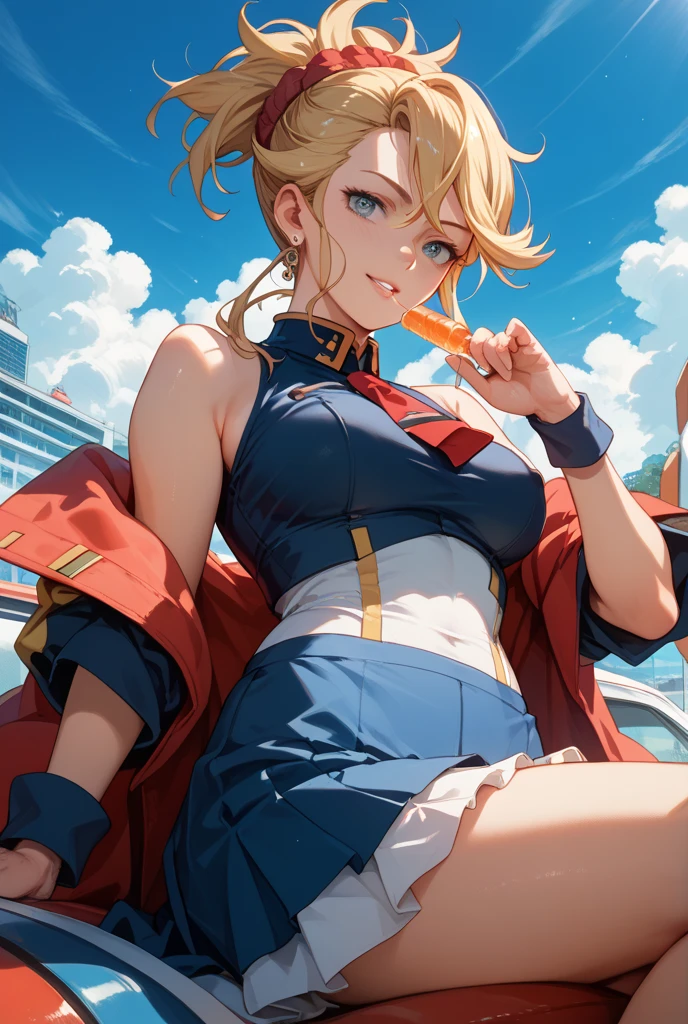 (RED Ribbon on HAIRband:1.2),Cammy SF Style, pants, pants, Jacket, often play sports, short hair, standing,red eyes, highest quality, masterpiece, High resolution,view audience,smile ,Street at night,hosimiya ichigo,