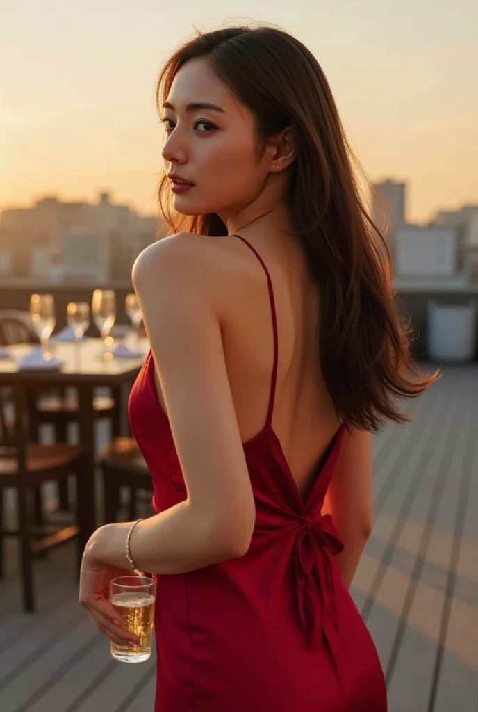 ultra-high resolution., foAnrealistisch:1.4, UHD, (Top quality, 8K, Meisterwerk:1.3) ein FoAn von [Koreanisch_niedlich_Kizi], langes rotes Kleid tragen, Spaltung], full-body [Stundenglas_full-body_Form, big_boobplate, big_rund_Esel], [Sitzen in einem Restaurant], [aussehend_An_Betrachter], Highly detailed; Detaillierter Skin, [realistischer Beleuchtungsstil]