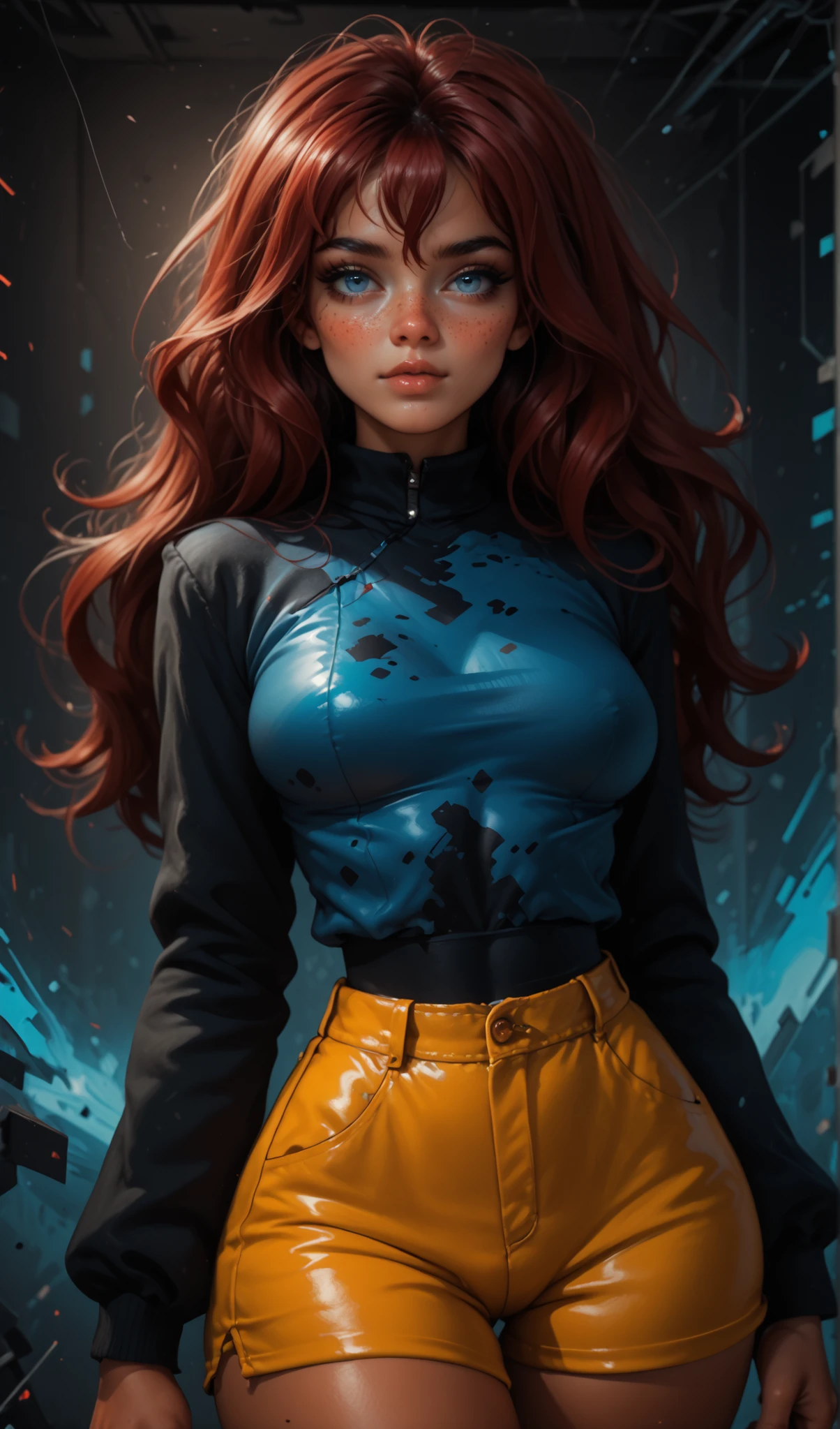score_9, score_8_up, score_7_up, score_6_up, masterpiece, best quality, amazing quality, hyper-detailed, very aesthetic, ultradetailed, high detailed picture, look at you, dynamic pose, dynamic angle, seductive, (aesthetic nightmare), solo, detailed face, melancholic expression, dark smoky atmosphere, moody lighting, intricate details, cinematic composition, dark fantasy, surreal, digital art, , ulyana, long hair, red hair, blue eyes, dark skin, face freckles, medium breasts, body freckles, bangs, hair between eyes, straight hair, solo, Glitch Art, yellow accent, tight microshorts with overall, zal, western comic art style, ulyana, long hair, red hair, blue eyes, dark skin, face freckles, medium breasts, body freckles, bangs, hair between eyes, straight hair, disheveled hair