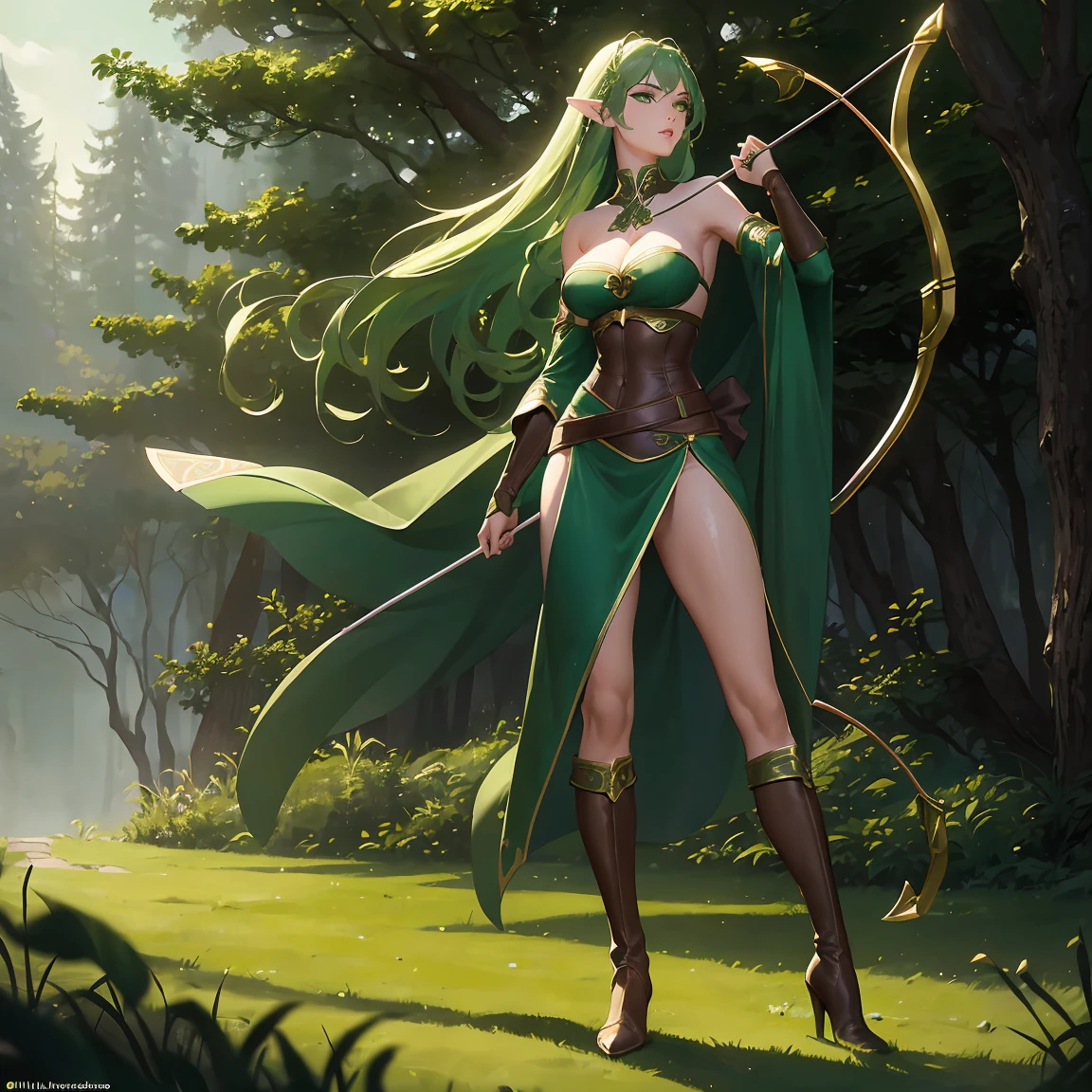 ファンタジー, 1forest_elemental_girl, dynamic_pose_fighting, (using_leaves_clothes, green_leaves_covered_breasts, leaves_covered_pussy)+++,big_tits,dynamic_pose_standing, light_smile, 眠い, medium_hair, へそ,(dark_skin)+, オイル, (winding_vine_around_torso)++, (ふっくらと)+,森, trees_background, leaves_headgear, green_leaves_cape, hold_large_long_staff, large_thighs, large_ass, (solo)+,