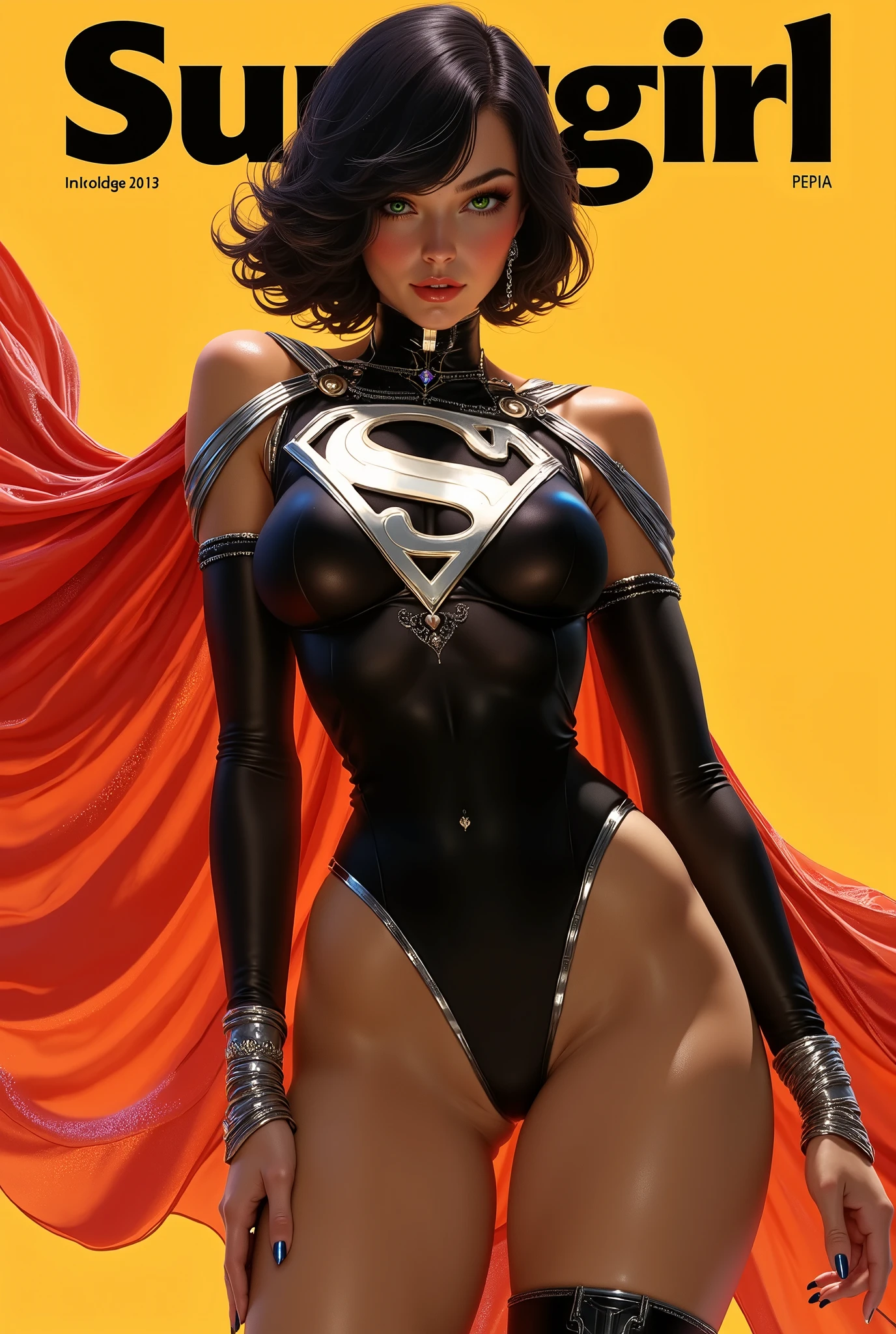 beautiful female sexy Supergirl, (Silver Superman symbol on her chest), short black hair, green eyes, black leotard, black thigh boots , red ca the detailed proportions and textures brushed multicolored and softened with airbrush, a semi-realistic ink illustration, in stark contrast to the character's bright colors and the warm matte colors of the background (highly detailed full body and shy pose, perfect face, innocent look (with eyes emerald shines), thick thighs, round and huge breasts, wide hips, slim and high waist, flat stomach) The character has short black hair and large, expressive eyes. , reminiscent of a classic superhero costume.She also wears silver bracelets The overall style is elegant and refined. The background is a Playboy-like magazine cover with a bold headline reading "SUPERGIRL" which draws attention to the subject and adds depth to the illustration. The illustration is detailed, focusing on the character's fashion and design elements. saturation in the very defined color palettes (color with monochrome shading and bright shades of red 25 % + yellow 25 % + blue 25% + biofluorescent 12.5% + transparencies 12.5%). aesthetic fusion by (fibonacci ratio. a poupée realistic of a . A young Woman has pink skin with beige-brows tones that give her contrast and brightness type of character. fluid texture of thin, thin fabric that molds to your figure (her clothes with relief and folds give volume and depth to the character) style. Haute couture photo shoot (with a pose that gives the sensation of movement and energy with shy style). soft focus, highly detailed and sharp, Approaching perfection, full hd 8k, High and low angles. of Milo Manara, Gianni Versace, coco chanel, Alberto Vargas, Greg Rutkowsk art