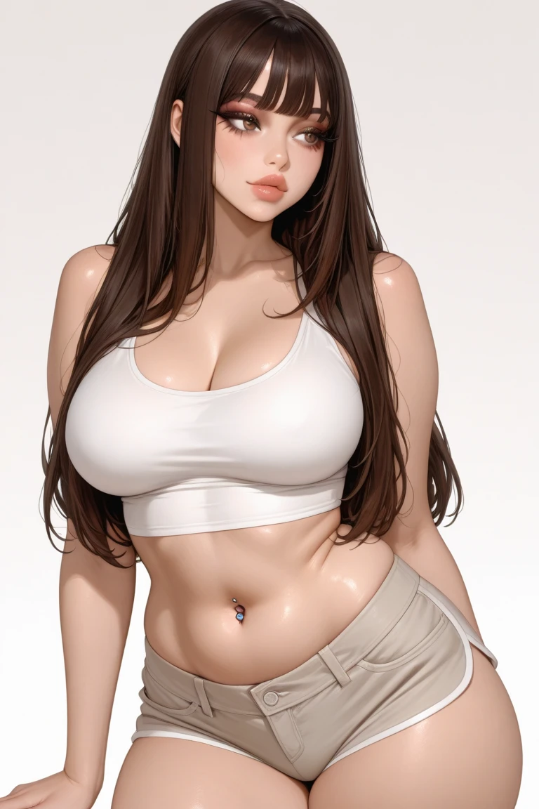 cropped woman with white tank top and necklace, latina, realiste, fille sexy aux yeux verts, Portrait de Sophie Mudd, cheveux bruns et grands yeux, selfie d'une jeune femme, yeux de la chambre, violette myers, sans maquillage, maquillage naturel, regarder directement la caméra, visage avec artgram, maquillage subtil, stunning Tout le corps shot, yeux verts perçants, bel angle, pose attrayante, jolie fille, pose sexy, Tout le corps, brunette goddess, high detail, pose satisfaite, pantalon en cuir