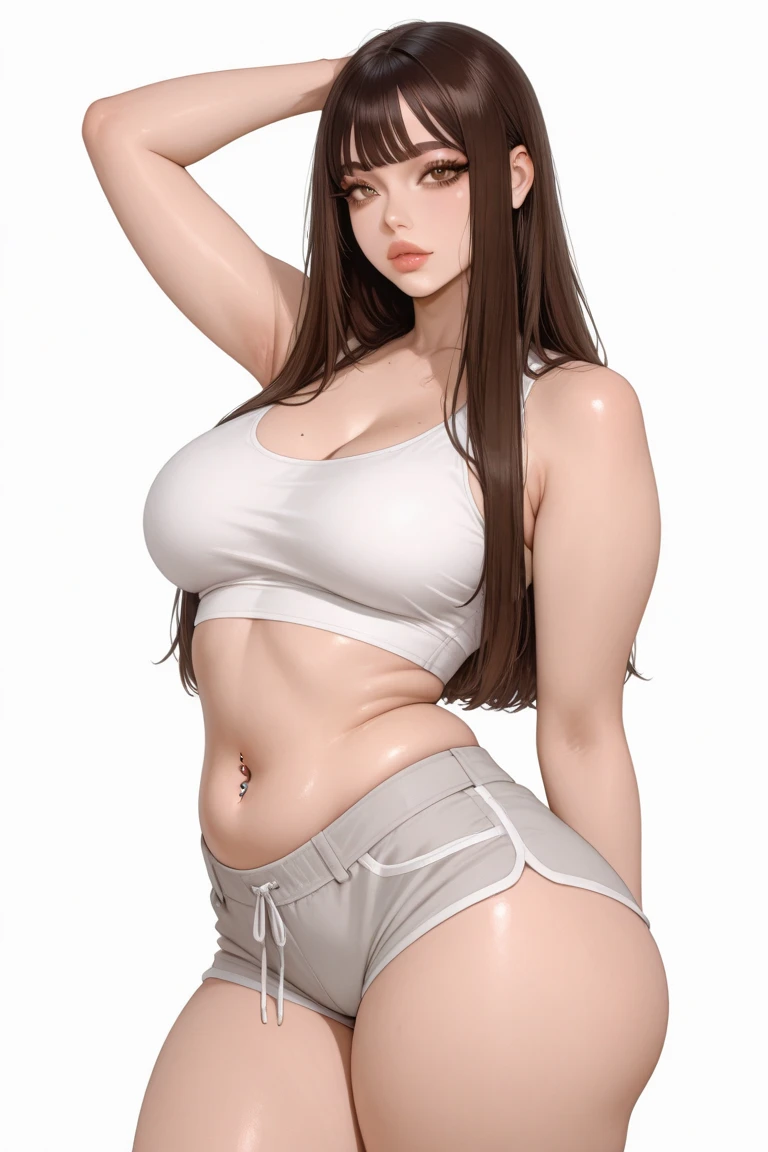 (Masterpiece, Photorealistic, high resolution), ((1girll):1.2), Korean, ((White wavy hair):1.3), (heterochromatic eyes:1.1, Thick eyebrows, small moles under eyes), (Loose white shirt, Red fitness shorts), ((Large of breast):1.2, enormous thigh), on top of the bed, Leather shorts,