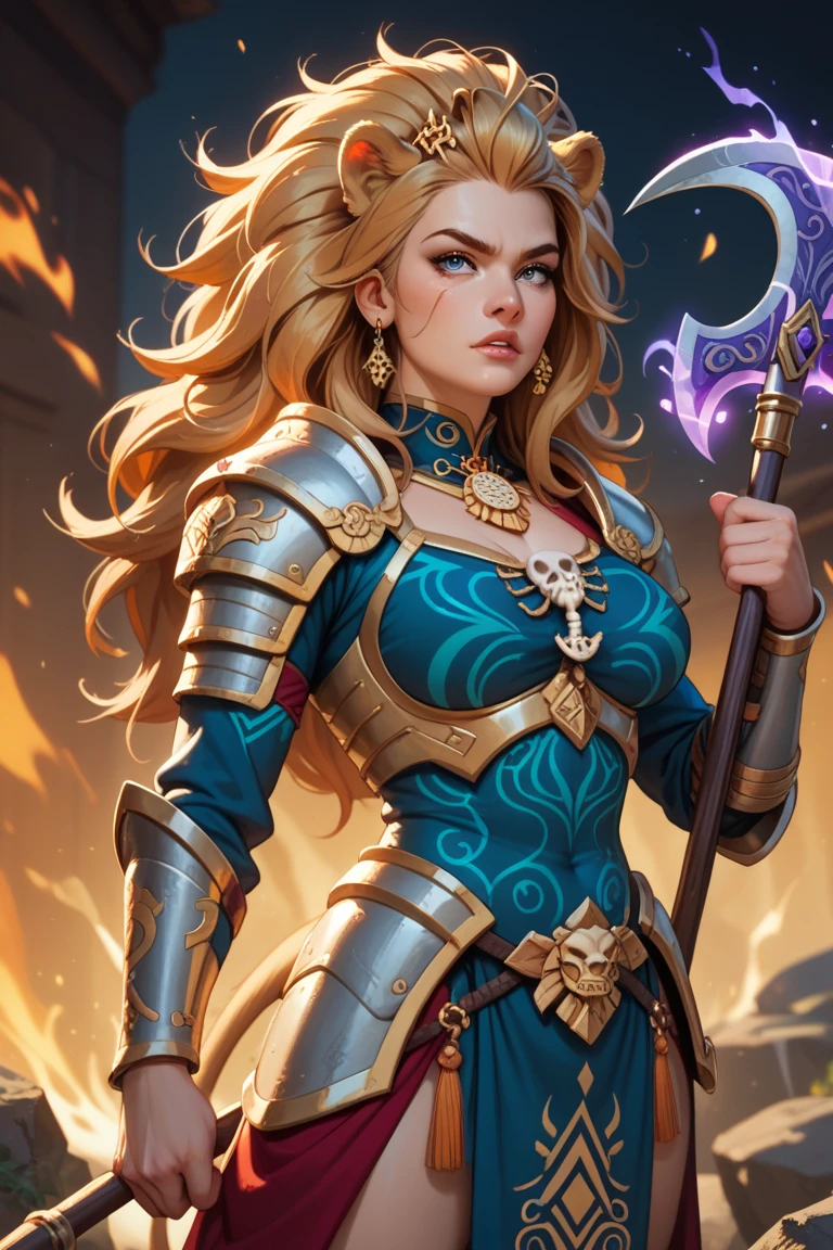 Pixel art of a fierce female warrior with a sword and shield in a fantasy setting, featuring vibrant colors, dynamic lighting, and a dramatic, epic mood