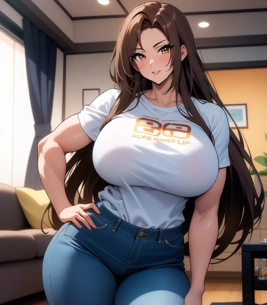 A Beautiful Young Girl, (17 Years-Old), with (Lush, Long Brunette Hair), (Beautiful Blue Eyes), Enormous Breasts, Curvy, Thick, and is Fairly Muscular, but slightly chubby. Inside a Large Modern House, wearing a (Red Cropped Top, with a Black Sports-Bra underneath), and (Black Sweatpants). Big Cleavage,