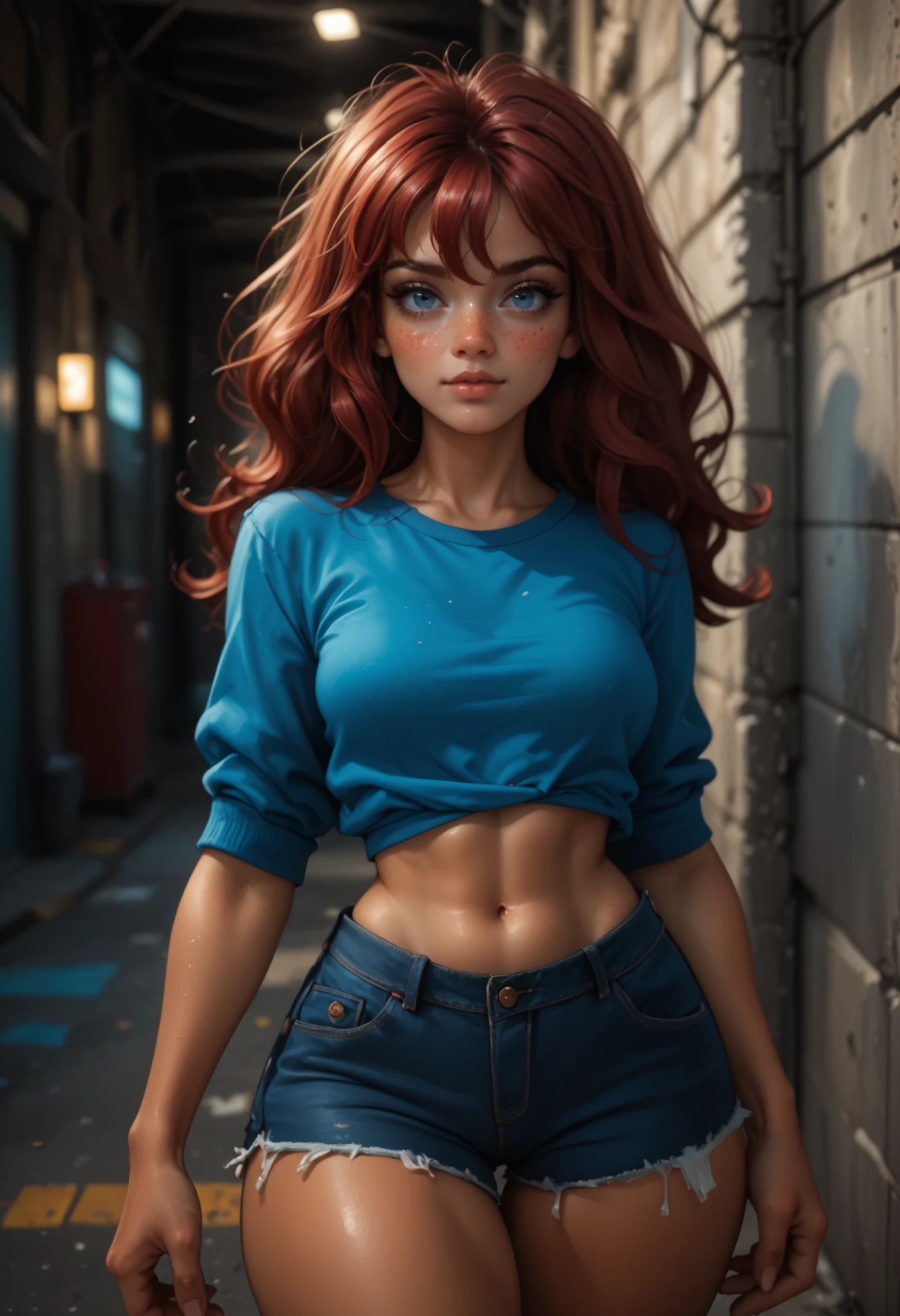 core_9, score_8_up, score_7_up, score_6_up, masterpiece, best quality, amazing quality, hyper-detailed, very aesthetic, ultradetailed, high detailed picture, look at you, dynamic pose, dynamic angle, seductive, (aesthetic nightmare), solo, detailed face, melancholic expression, dark alley atmosphere, moody lighting, intricate details, cinematic composition, ulyana, long hair, red hair, blue eyes, dark skin, face freckles, medium breasts, body freckles, bangs, hair between eyes, straight hair, solo, Glitch Art, tight microshorts with overall, zal, western comic art style, ulyana, long hair, red hair, blue eyes, dark skin, face freckles, medium breasts, body freckles, bangs, hair between eyes, straight hair, disheveled hair