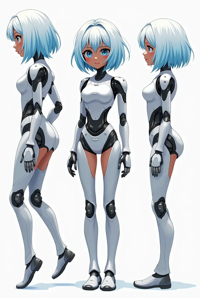 Anime, Reference sheet, born, Anime styled, Character design, 2d, robot girl, darkskin, blue and white hair, Robotics, cute, Anime 2007