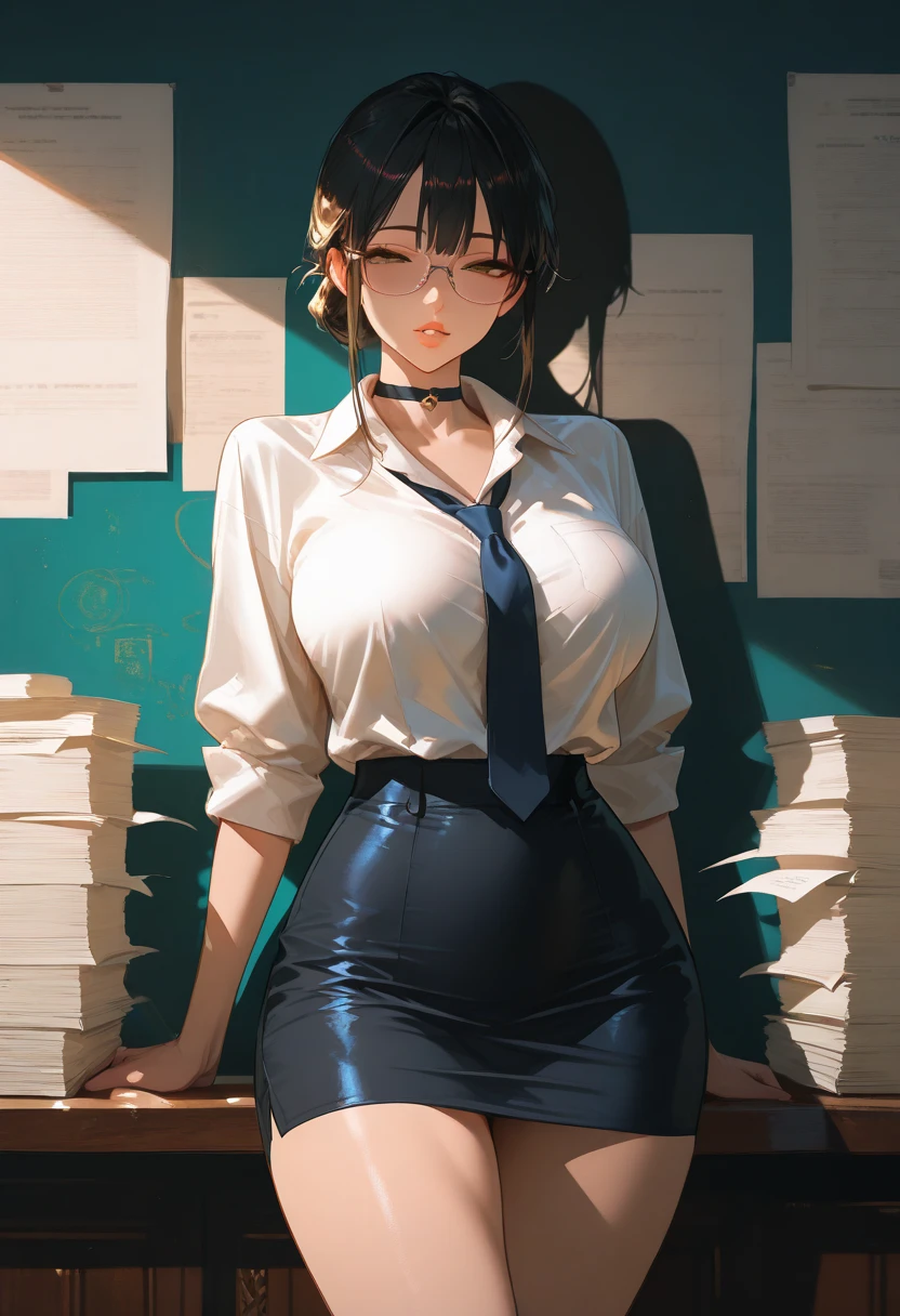 masterpiece, best quality, finely detailed, 1 girl, full body photos,facial expression of patience,(brown short hair), (bishoujo),(furrowed brow),(disapproving expression),(I want you to show me your pants while making a disgusting face), (fair skin),(brown eyes), (eyelashes), (huge breasts), (cleavage), (blue ladies' shirt:1.2), (mini office skirt:1.2),(white skirt), (pure white panties:1.2) ,can see panties, delicate interior design,legs open emphasis,erection,white walls, in library,tall