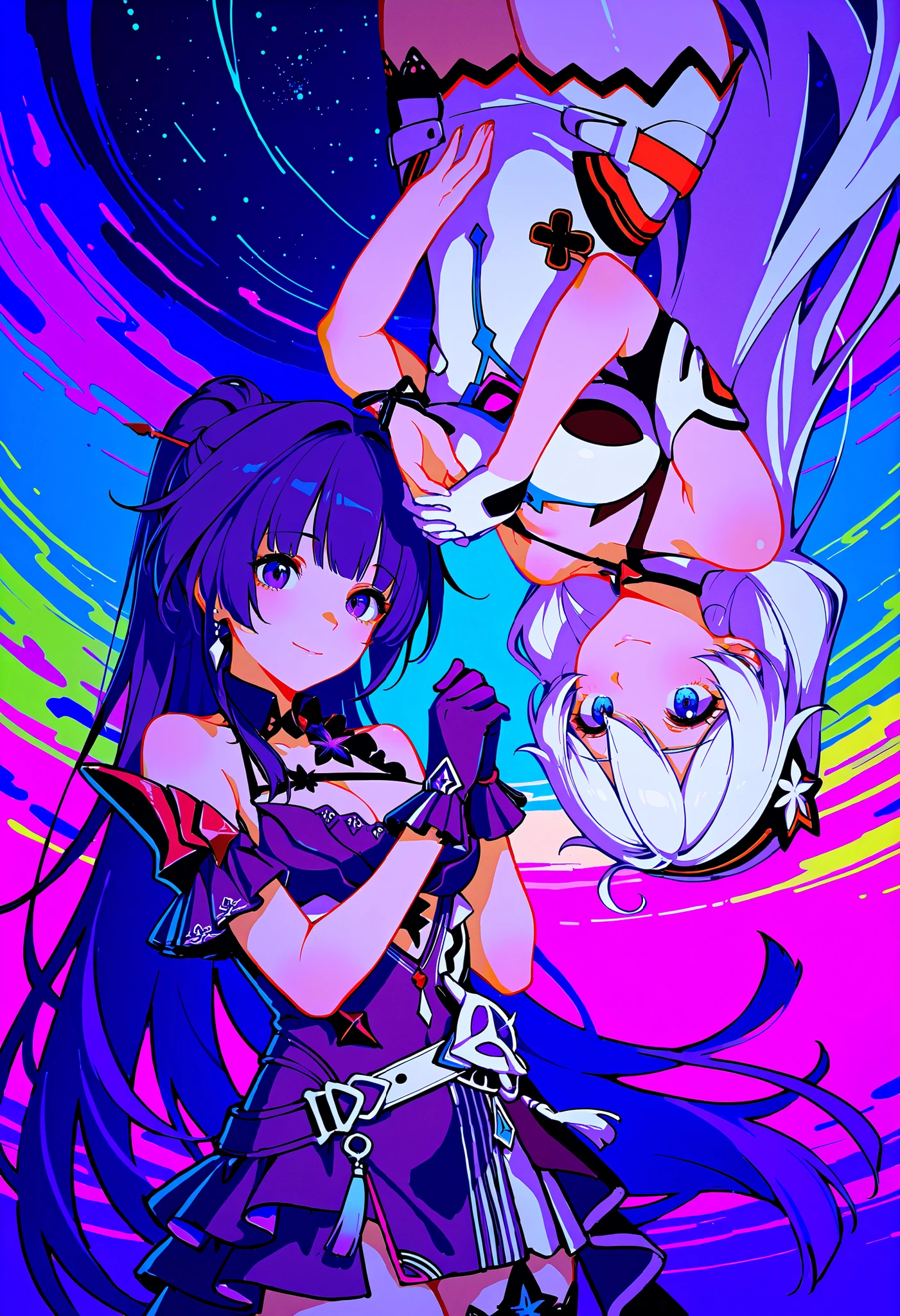 masterpiece, best quality, 2girls, rotational symmetry, smile, Kiana Kaslana \(t costume\), Raiden Mei \(t costume\), holding hands, (multicolored background, colorful:1.2)