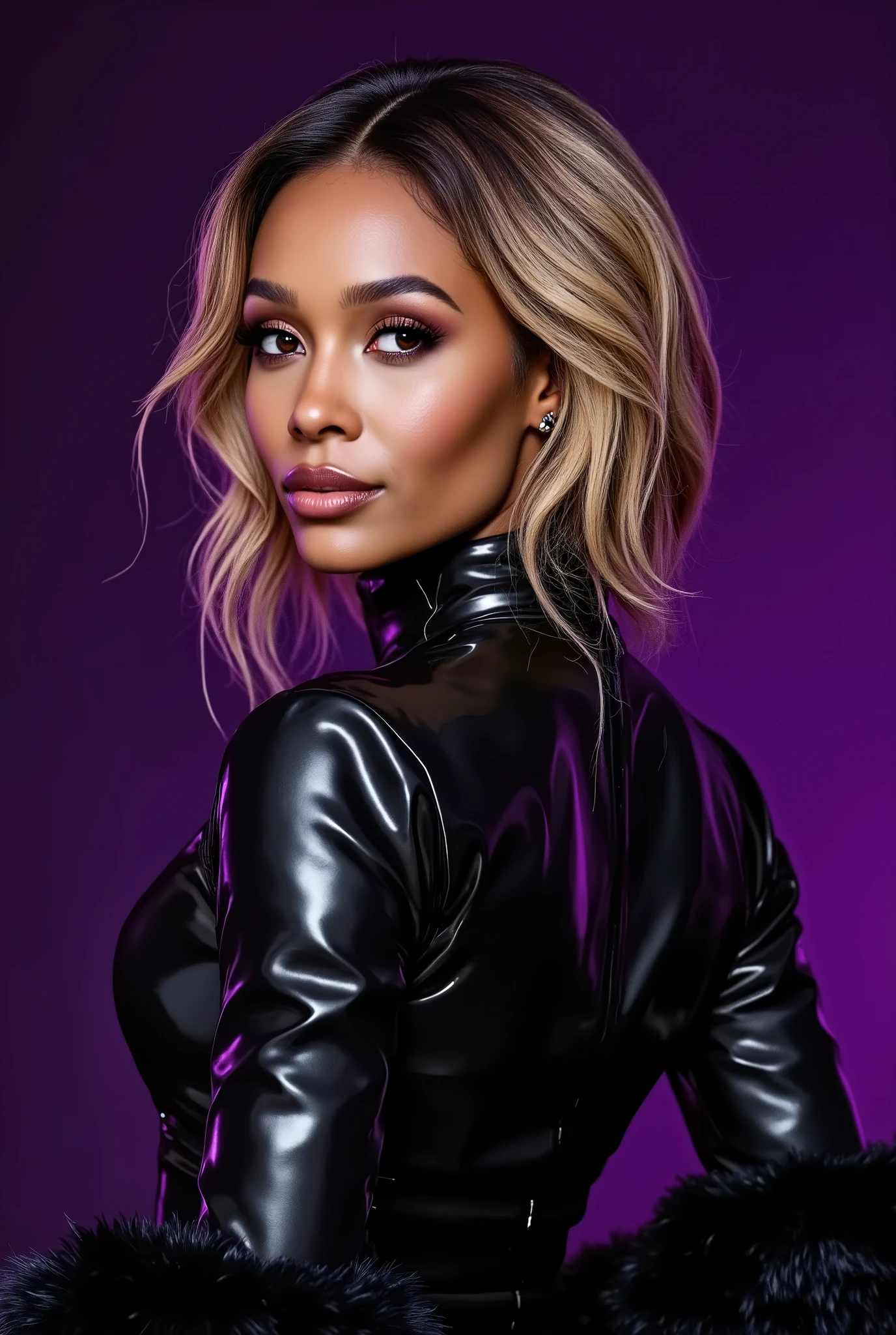 (masterpiece, best quality:1.2), 1girl, solo, woman, mid body image, (makeup:1.4), turtleneck latex outfit, zipper, highly detailed fur, natural skin texture, 4k textures, Highly detailed perfect , Lightroom, Intricate, Ultra-Realistic, Out There, (HDR:1.3), UHD, (Intricate Detail, Hyper-Detailed:1.1), Cinematic, Photoreal, (Dark Shot:1.2), Dramatic, High Contrast, (Warm Color:1.1) , muted colors, master piece, elegant, sharp focus, looking at the viewer, black to purple gradient background, solid dark black with purple gradient background, neutral studio background