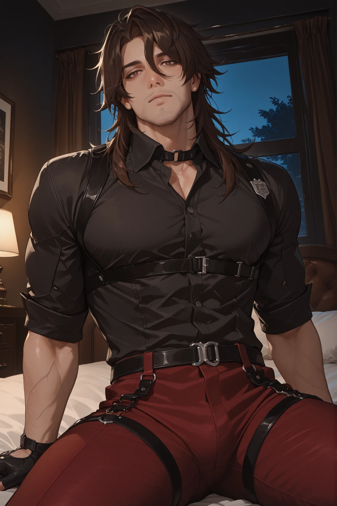 (Masterpiece, absurdres, newest, topquality) 1boy, solo, maturemale, male focus, gallagher, brown hair, hair between eyes, long hair, brown eyes, stubble, collared shirt, black shirt, black gloves, red pants, muscular, muscle, looking at viewer, bedroom, sitting on bed, low angle, (night), moody lighting