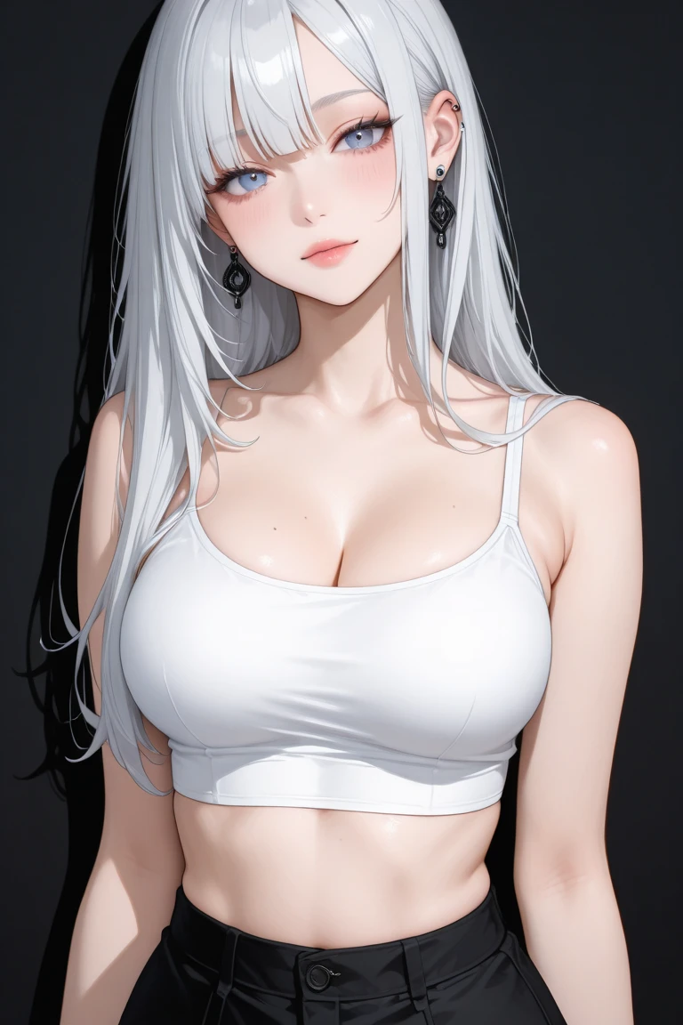girl, bangs, bare shoulders, black pants, extra huge breasts, breasts squeezed together, gray background, hair between eyes, long hair, view viewer, super short pants, parted lips, red eyes, camisole vest, simple background, sleeveless, sleeveless shirt, solo, , v-arms, white hair, (shiny skin), (masterpiece: 1.4), (best quality: 1.4), ,,, Facigirl, red lips, perfect abs, navel, (:1.5), (transparent areola), , extra huge, sweat,