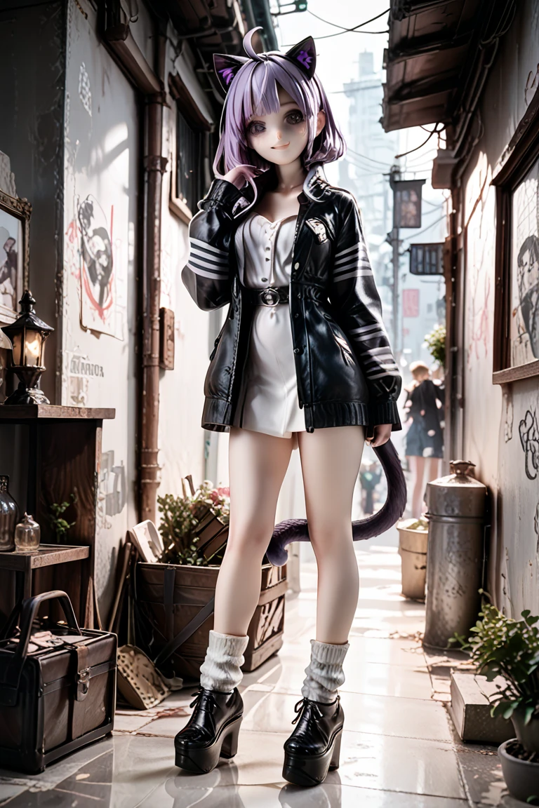 Dynamic Angle, 1 girl, (((full body:1.3))),animal ear, unicorn horns,solo, striped sleeve , purple hair gradation, Cat ears, tooth, platform shoes, loose socks, black footwear, Arm Warmers, beautiful eyes on my stomach,Detailed and perfect eyes, Dark Eyes, blush,plump thick lips,PINK LIPS,suspicious smile with slightly open mouth,((gigantic breast:1.2,cleavage)),Open front clothing,socks, horror, Ghostly, Dark Alley , mist, creepy atmosphere, graffiti, Shining Eyes, Shadow, Cat's tail, Ghostly theme, horror aesthetic, creepy atmosphere, Mysterious Environment,
BREAK masterpiece,Highest Quality,Great Quality,IU 2,photorealistic,high resolution,newest,detailed clothes,illustrations,Official Art,art style,fantasic illustrations,beautifully detailed eyes,long eyelashes, pedestal, Magic Circle Under Your Feet ,