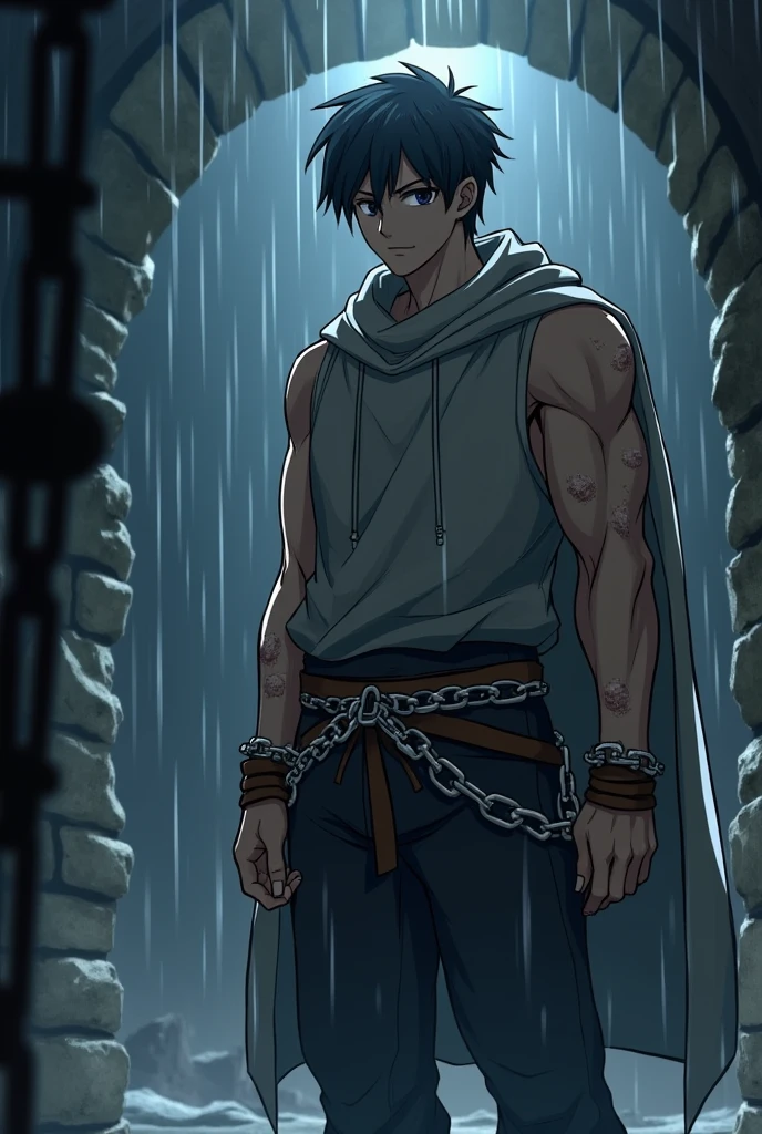 A muscular young man, shirtless with lightly defined muscles, is standing with his arms pulled upward by chains, giving the impression that he is imprisoned. He has a determined expression on his face, showing resilience. The background is a desolate cave, with rough, uneven walls and a dark, inhospitable atmosphere. There is a single, focused light shining down on the young man, casting dramatic shadows and highlighting his figure, while the rest of the cave remains shrouded in darknessn, anime.