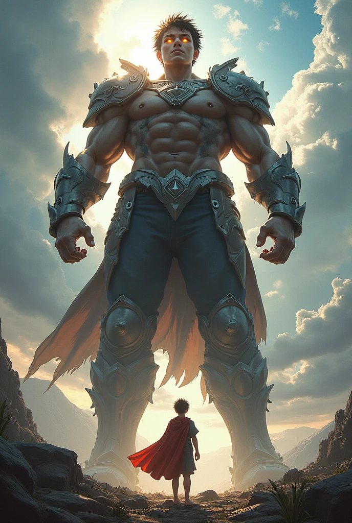 "Uma obra-prima de alta qualidade, Ultra-realistic details, lively and dynamic, com um arco narrativo forte. A boy holding a spear, Facing a menacing stone giant. The scene is breathtaking, a luz da lua intensa, the dramatic and grandiose scenery. The landscape is breathtaking, with orange moon in the background and a bright blue sky. The boy has a concentrated and determined expression, com olhos bem abertos. The spear glows with a sunny white glow, e o gigante tem uma textura de pedra bruta e imponente. The details are amazing, From the texture of the stones to the folds of the boy's clothes. This is an epic scene of heroism and bravery."
