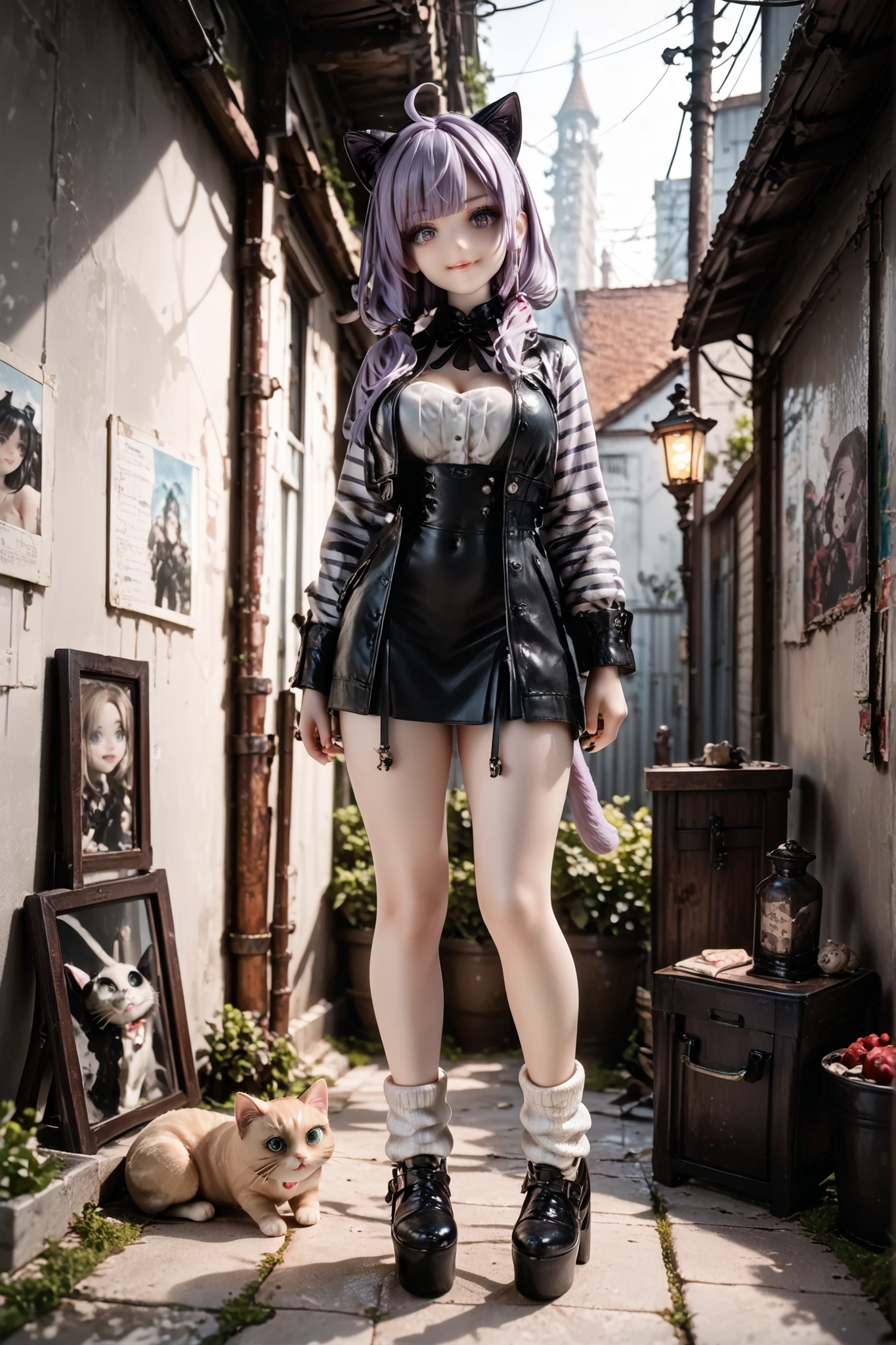 Dynamic Angle, 1 girl, (((full body:1.3)))，animal ear, unicorn horns，solo, striped sleeve , purple hair gradation, Cat ears, tooth, platform shoes, loose socks, black footwear, Arm Warmers, beautiful eyes on my stomach，Detailed and perfect eyes， Dark Eyes, blush，plump thick lips，PINK LIPS，suspicious smile with slightly open mouth，((gigantic breast:1.2，cleavage))，Open front clothing，socks,  horror, Ghostly,  Dark Alley ,  mist, creepy atmosphere,  graffiti, Shining Eyes,  Shadow, Cat&#39;s tail, Ghostly theme,  horror aesthetic, creepy atmosphere,  Mysterious Environment, 
BREAK masterpiece,Highest Quality,Great Quality,IU 2,photorealistic,high resolution,newest,detailed clothes,illustrations,Official Art,art style,fantasic illustrations,beautifully detailed eyes,long eyelashes, pedestal， Magic Circle Under Your Feet ，