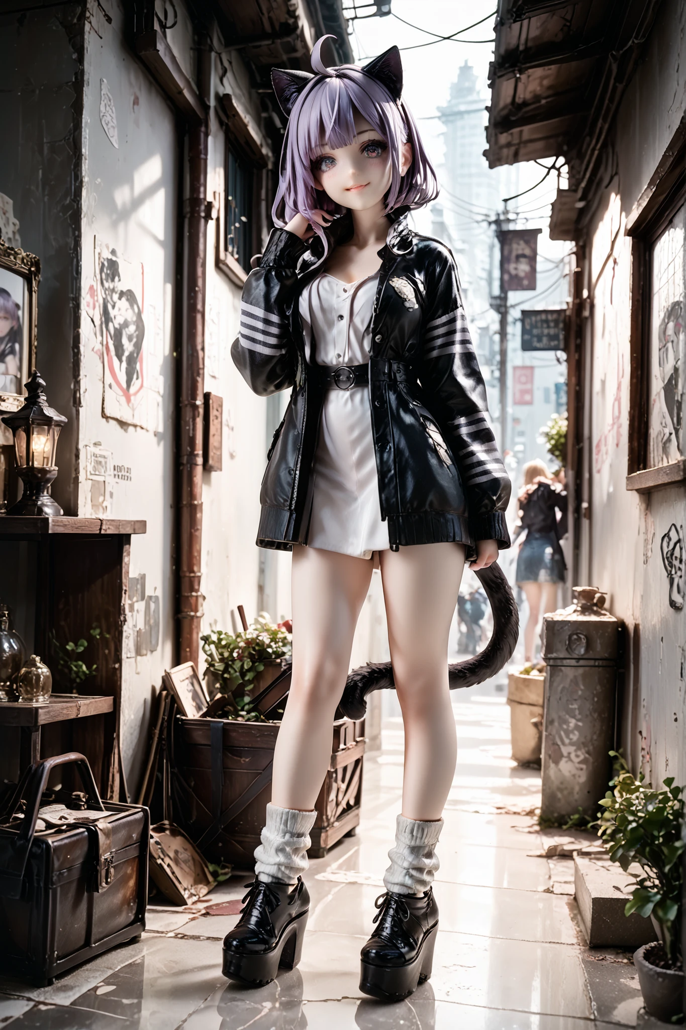 Dynamic Angle, 1 girl, (((full body:1.3))),animal ear, unicorn horns,solo, striped sleeve , purple hair gradation, Cat ears, tooth, platform shoes, loose socks, black footwear, Arm Warmers, beautiful eyes on my stomach,Detailed and perfect eyes, Dark Eyes, blush,plump thick lips,PINK LIPS,suspicious smile with slightly open mouth,((gigantic breast:1.2,cleavage)),Open front clothing,socks, horror, Ghostly, Dark Alley , mist, creepy atmosphere, graffiti, Shining Eyes, Shadow, Cat's tail, Ghostly theme, horror aesthetic, creepy atmosphere, Mysterious Environment,
BREAK masterpiece,Highest Quality,Great Quality,IU 2,photorealistic,high resolution,newest,detailed clothes,illustrations,Official Art,art style,fantasic illustrations,beautifully detailed eyes,long eyelashes, pedestal, Magic Circle Under Your Feet ,