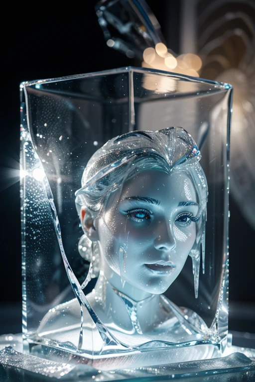 Photorealistic sexy flat chested slime girl inside a glass of blue liquid