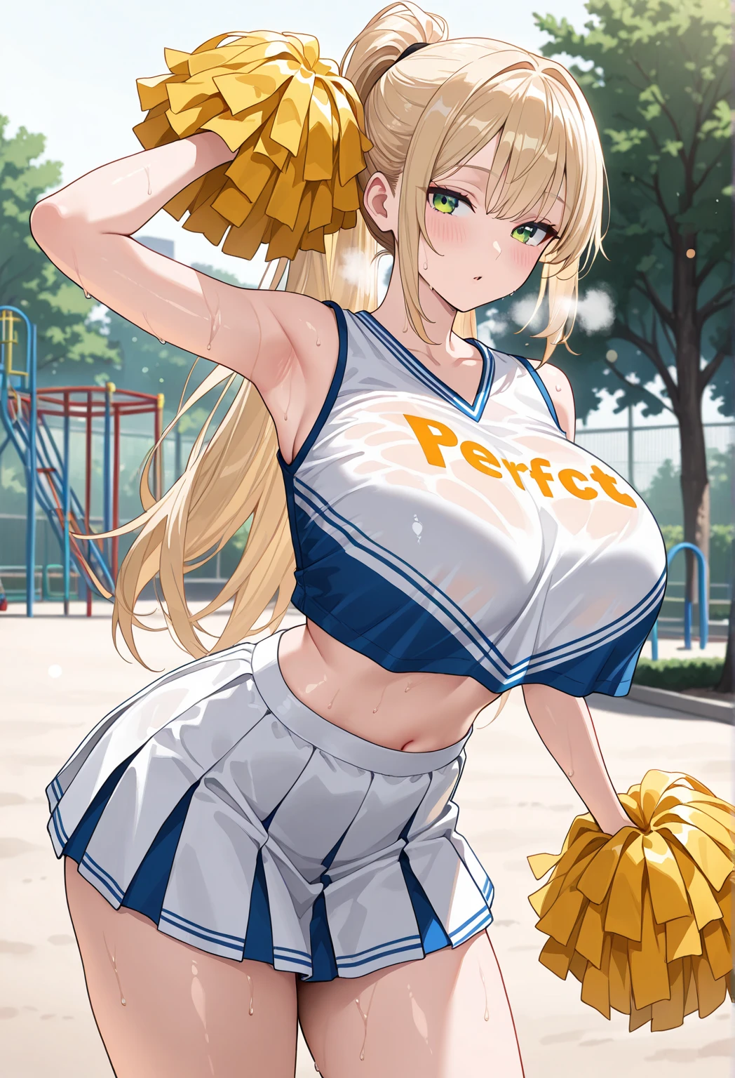 (best quality:1.5, highres, UHD, 4K, detailed lighting, shaders), blonde pigtails, large breasts, thighs, crotch, cheerleader outfit, cleavage, crop top, skirt, sexy, erotic, lewd, seductive, perverted, hentai, flirting, smiling, blushing:1.4, standing, close shot, school background