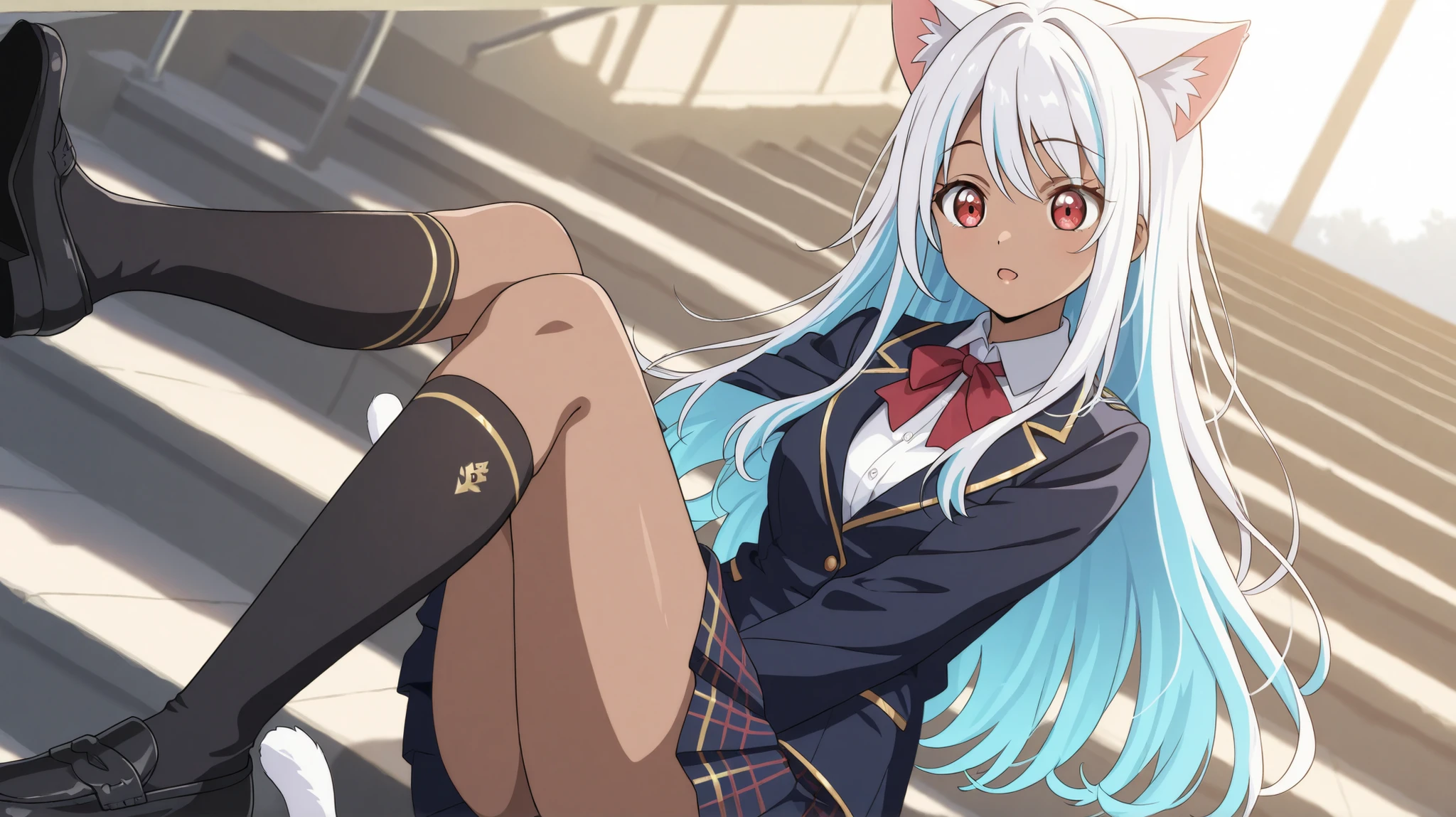 1girl, anime style, dark skin, red eyes, long hair, multicolored hair, white hair, icy blue hair,, cat ears, cat tail, navy blazer with gold trim, white shirt, red and navy plaid pleated skirt, knee-high socks, black loafers, elegant expression, school steps background, soft natural lighting