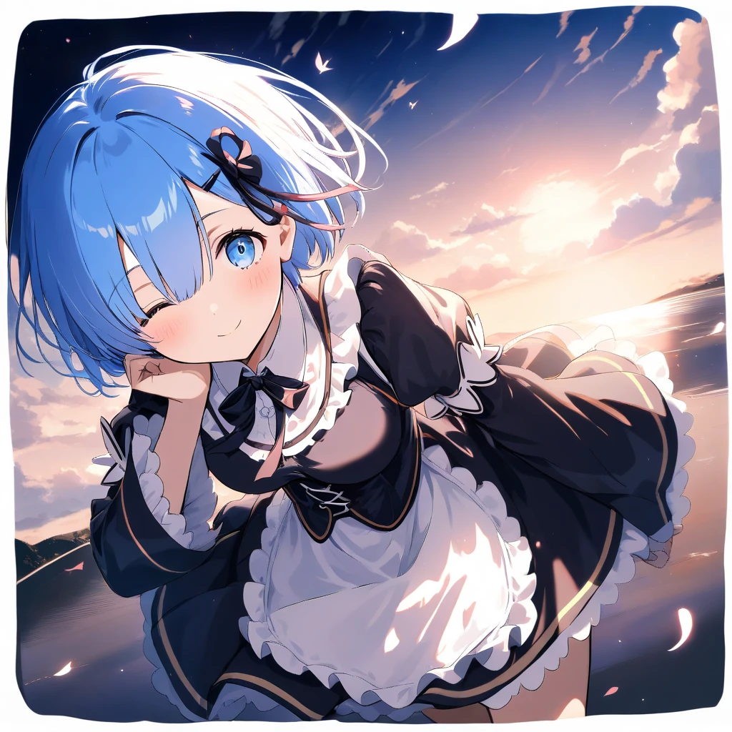 ultra-detailliert, hight resolution, 8K, Raw photo, sand beach, _white colors_Shirt、Plain white T-shirt、skirt by the、sit on beach、Ram＆Remu、Bewitching、A ????、lightblue hair, shorth hair、front-facing view、The absolute standard is the center of the navel、Cowboy Shot、Watching the viewer、[3D images:1.5],Attractive eyes(​masterpiece:1.6、top-quality)、Ram＆Remu、(2 girls in:1.5)、A pink-haired, shorth hair, red eyes, Hair above one eye, Ribbon trim, Hair Ribbon,  Waist apron, cute couple、a closed mouth, small ????,  flower in hair, The absolute standard is the center of the navel、Cowboy Shot、up looking